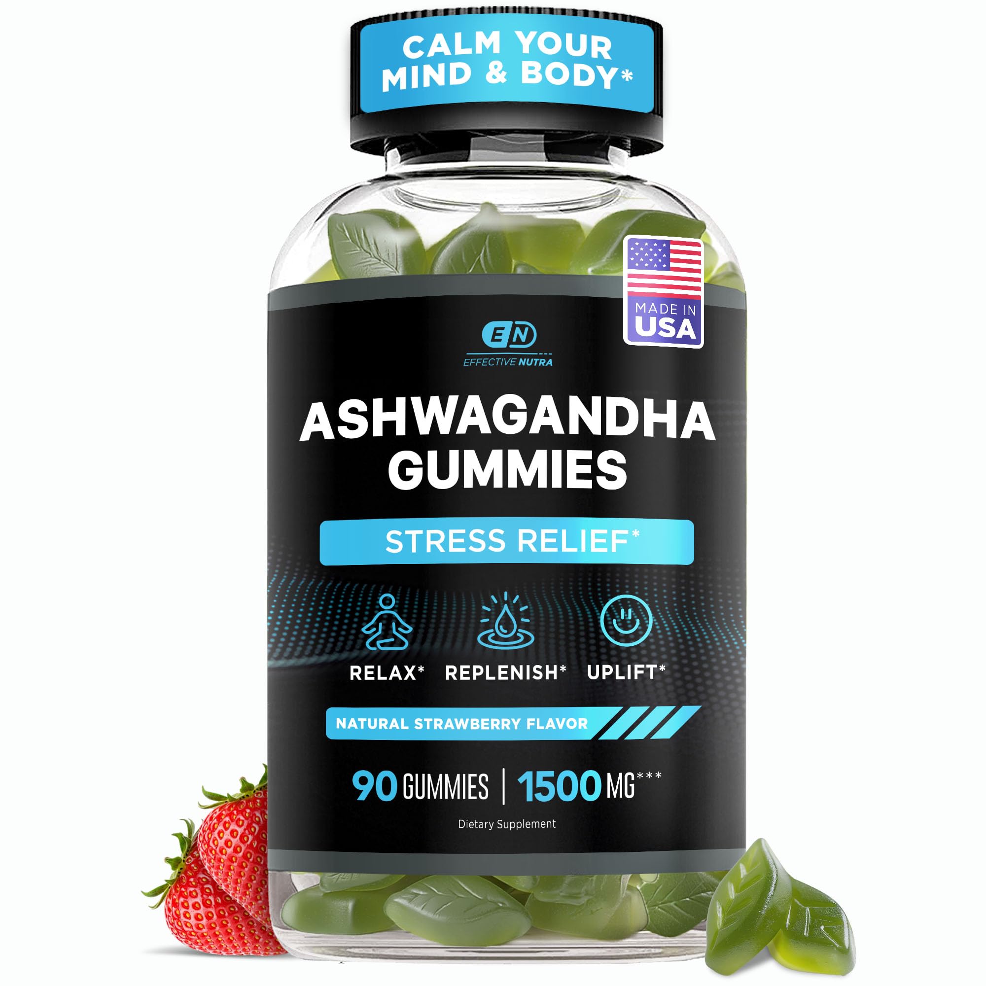 Effective Nutra Ashwagandha Gummies dans une bouteille, soutien relaxation et concentration.