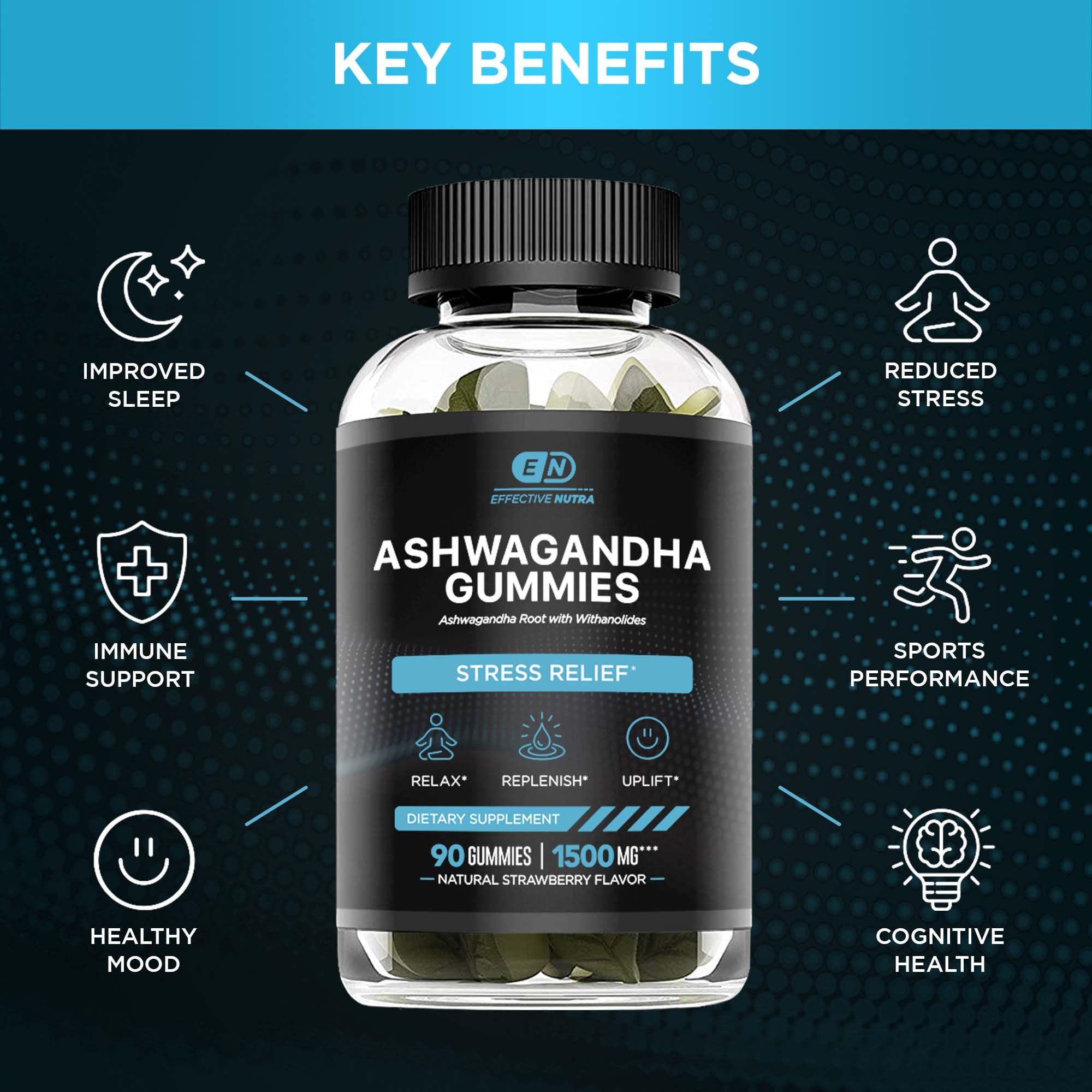 Boîte Ashwagandha Gummies d’Effective Nutra et gélules dans le pot.