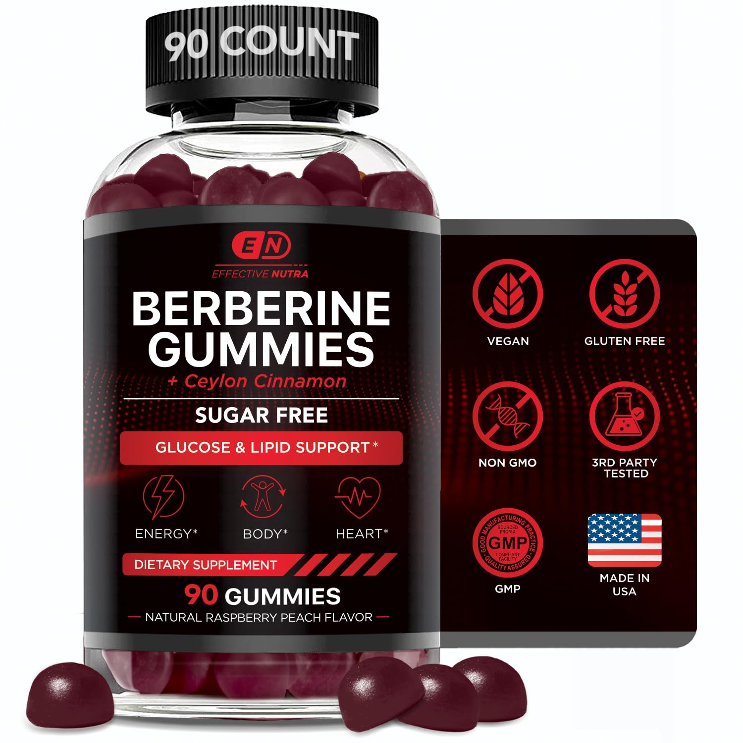 Effective Nutra Berberine Gummies dans la bouteille, format pratique pour votre routine.