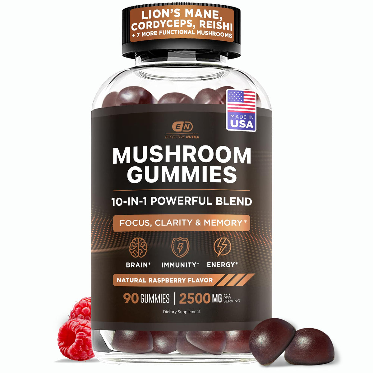 Gummies champignons Effective Nutra crinière de lion sur fond clair, soutien concentration et clarté.