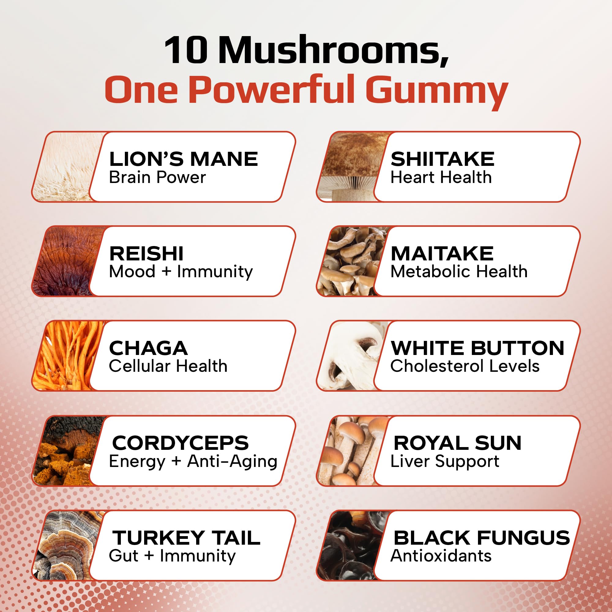 Gummies champignons Reishi Effective Nutra, équilibre du stress et immunité potentielle.