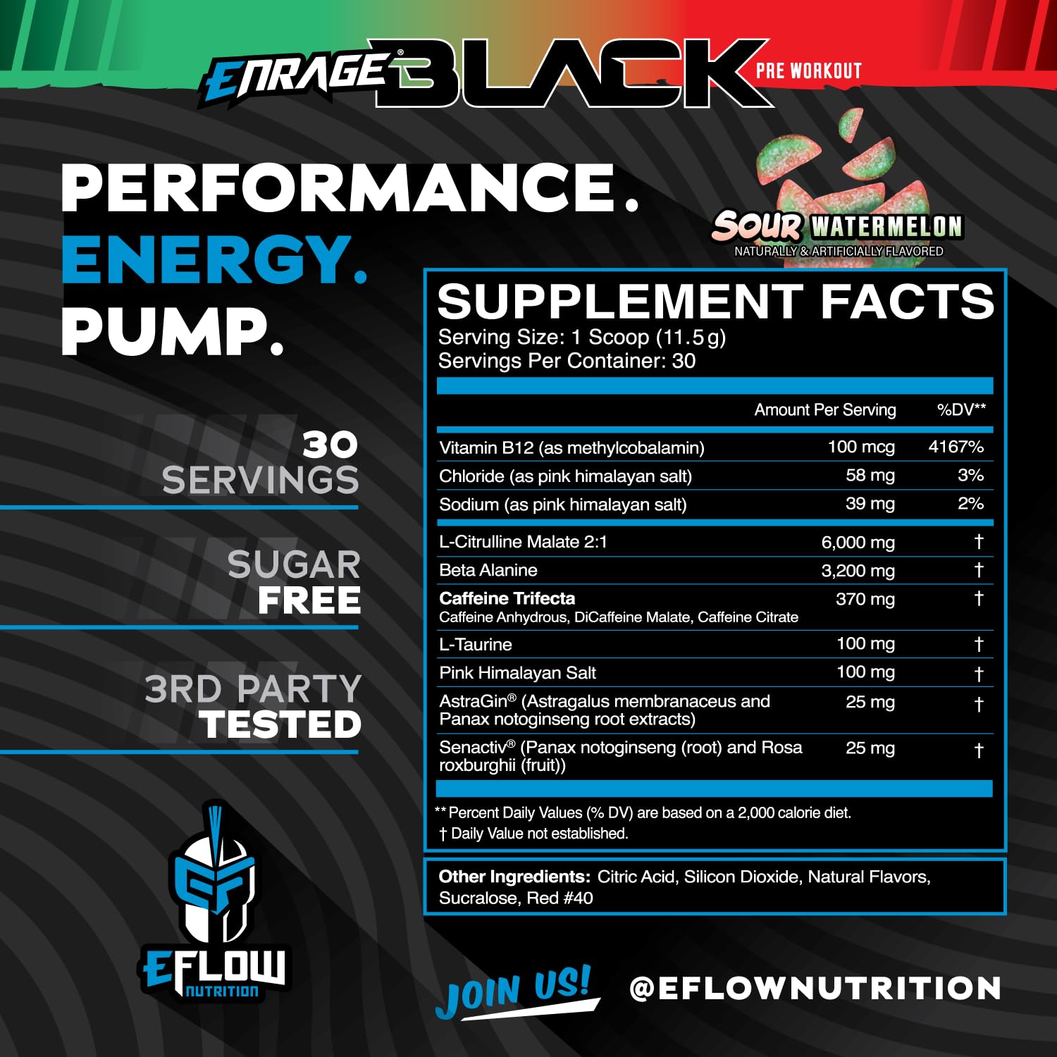eFlow Nutrition Enrage Black dose Citrulline Malate - amélioration potentielle de la pompe