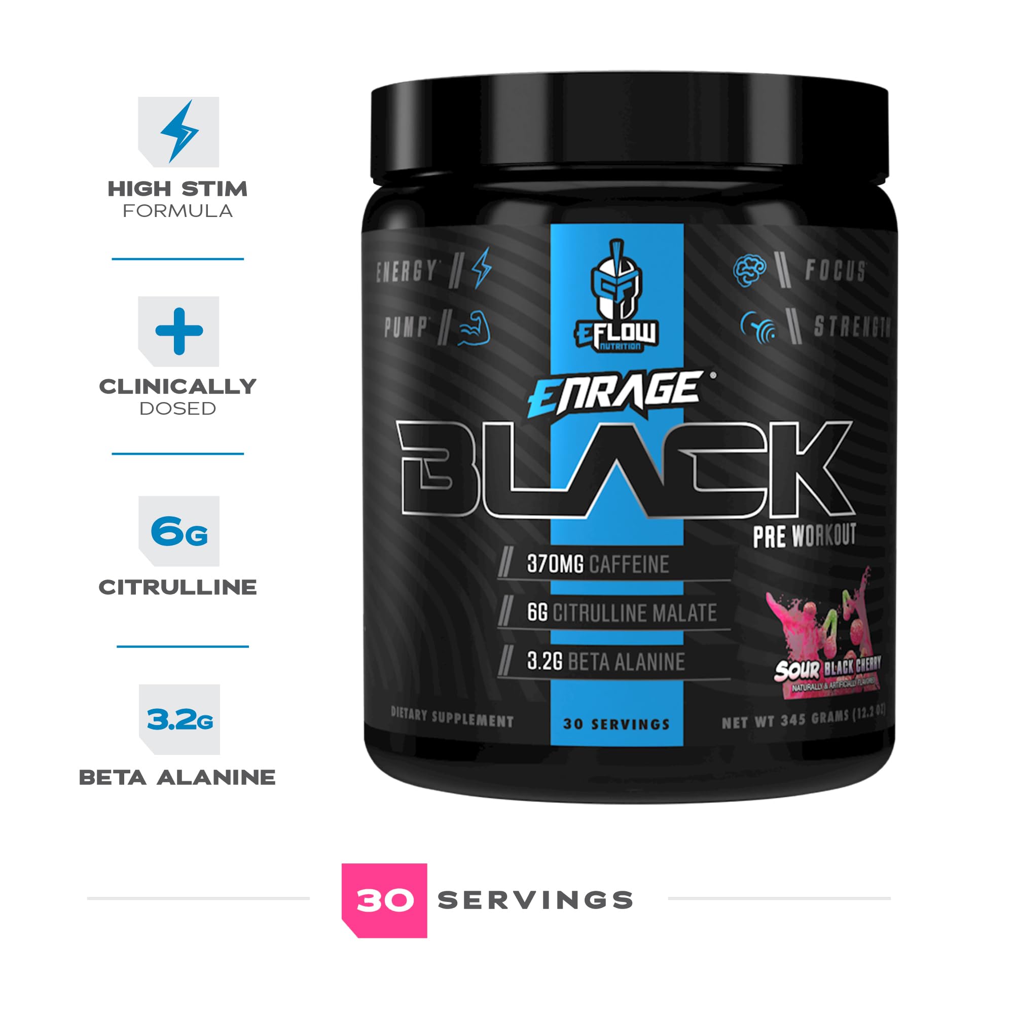 eFlow Nutrition Enrage Black ingrédients dosés pour soutien stimulant et endurance.