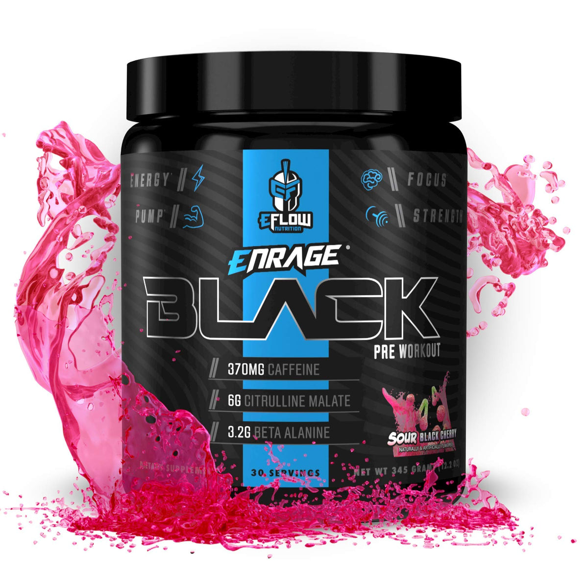 eFlow Nutrition Enrage Black pré-entraînement en poudre pour énergie explosive et performance.