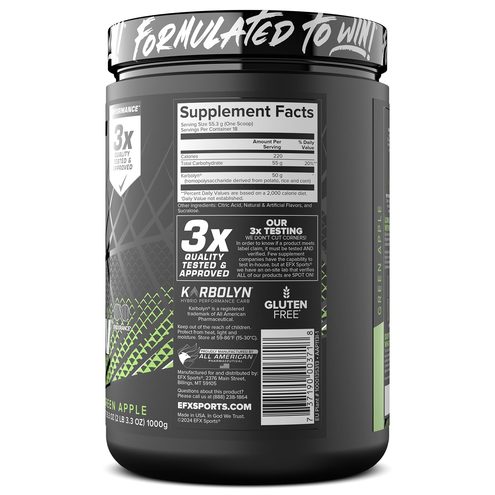 EFX Sports Karbolyn Fuel: goût pomme verte et énergie durable.