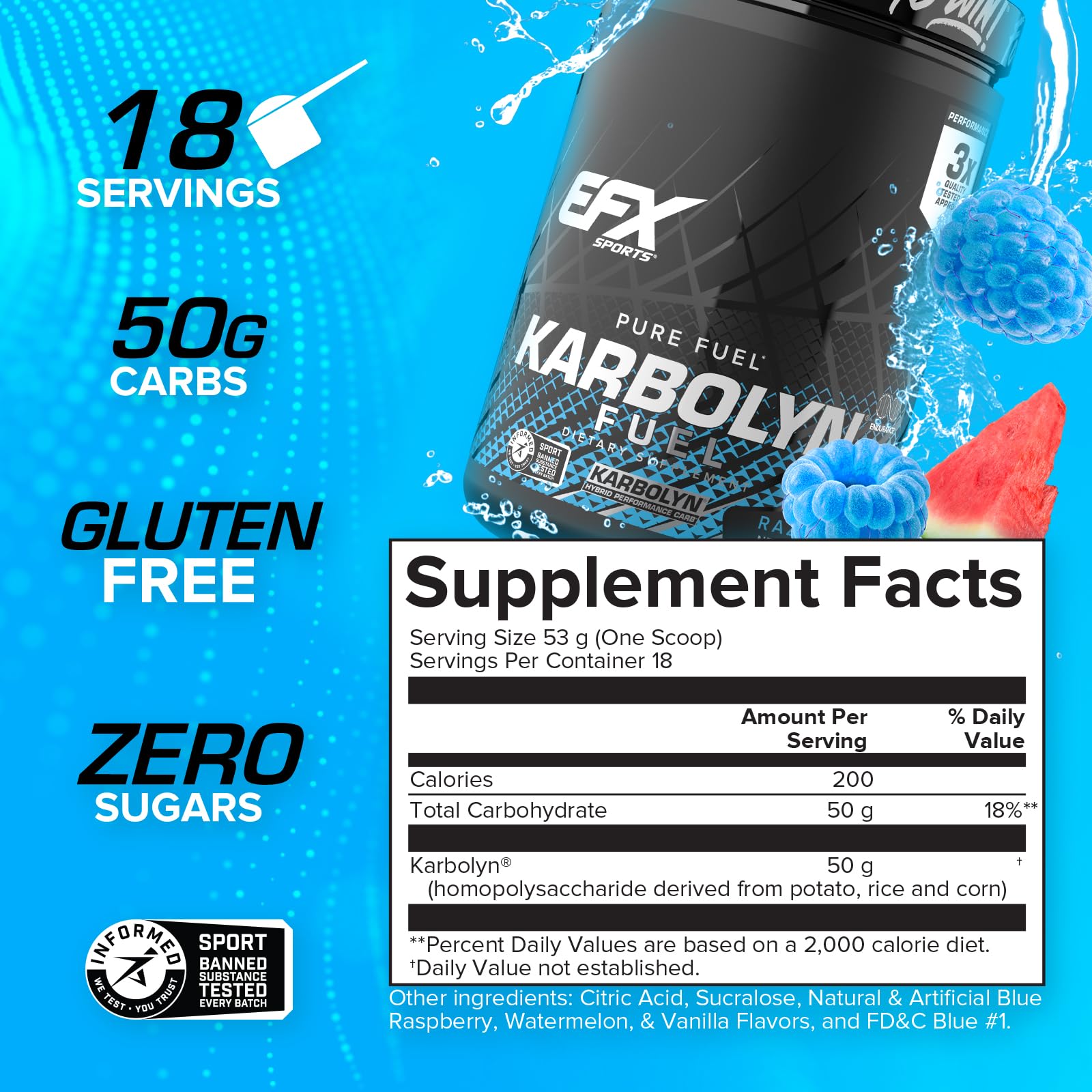EFX Sports Karbolyn Fuel – sachet poudre pour récupération rapide après séance intense.