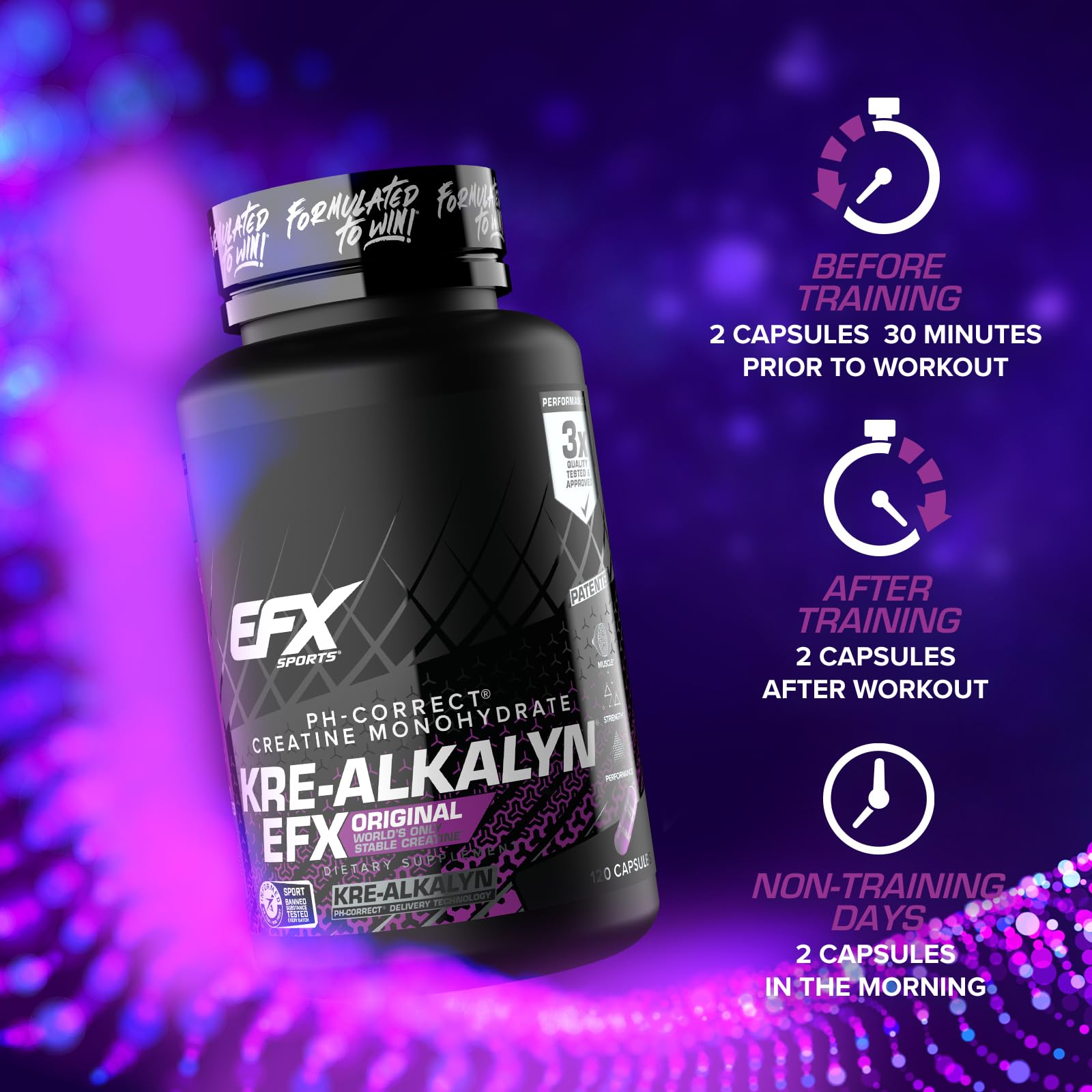 EFX Kre-Alkalyn EFX – Emballage 60 portions et 120 gélules faciles à stocker.