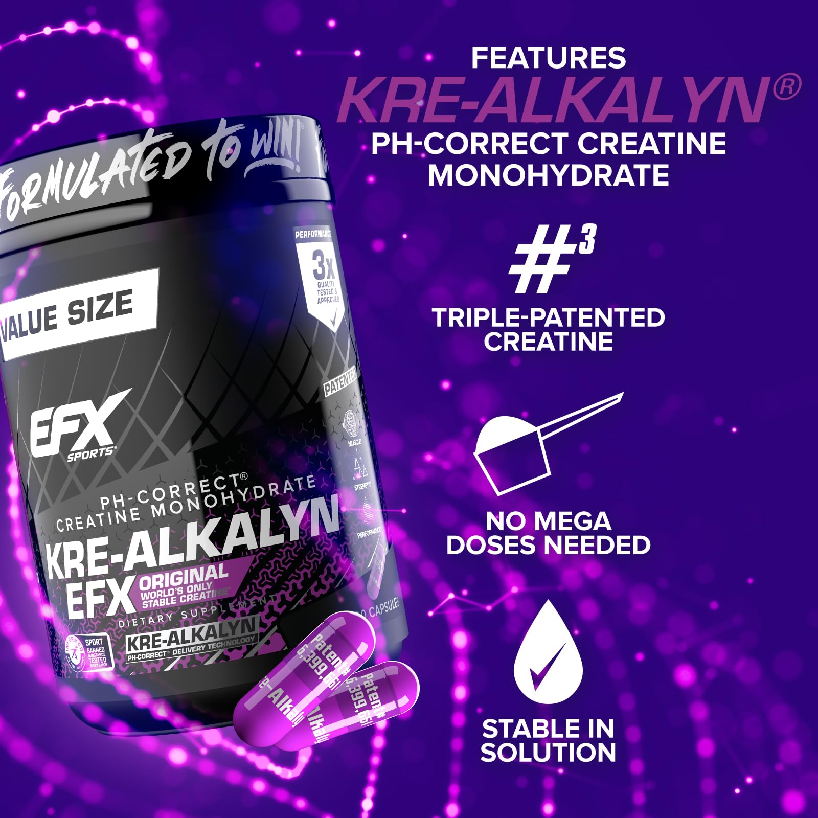 Etiquette Kre-Alkalyn EFX sur l'emballage, dosage clair.