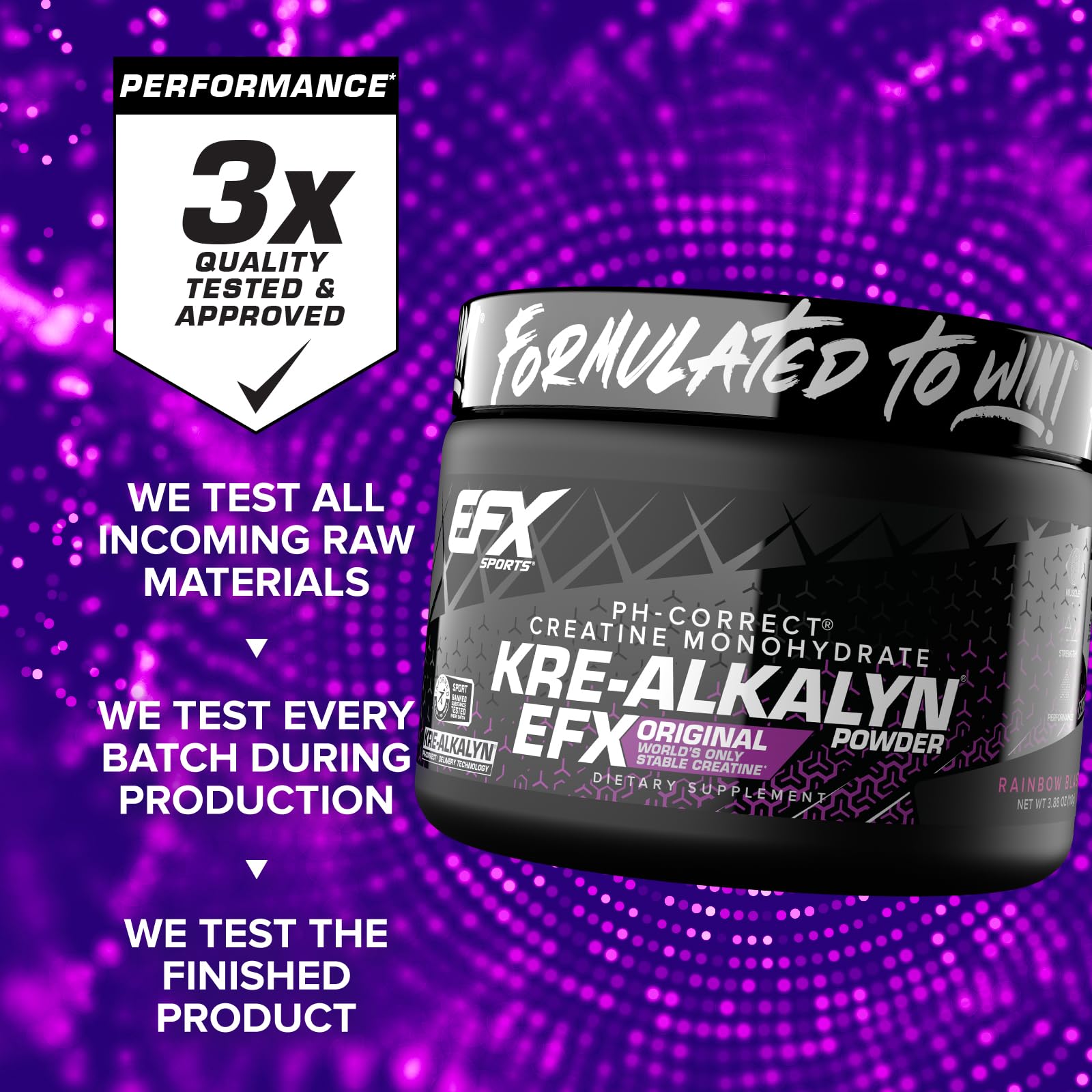 Étiquette Kre-Alkalyn EFX affichant les informations nutritionnelles et conseils d'utilisation