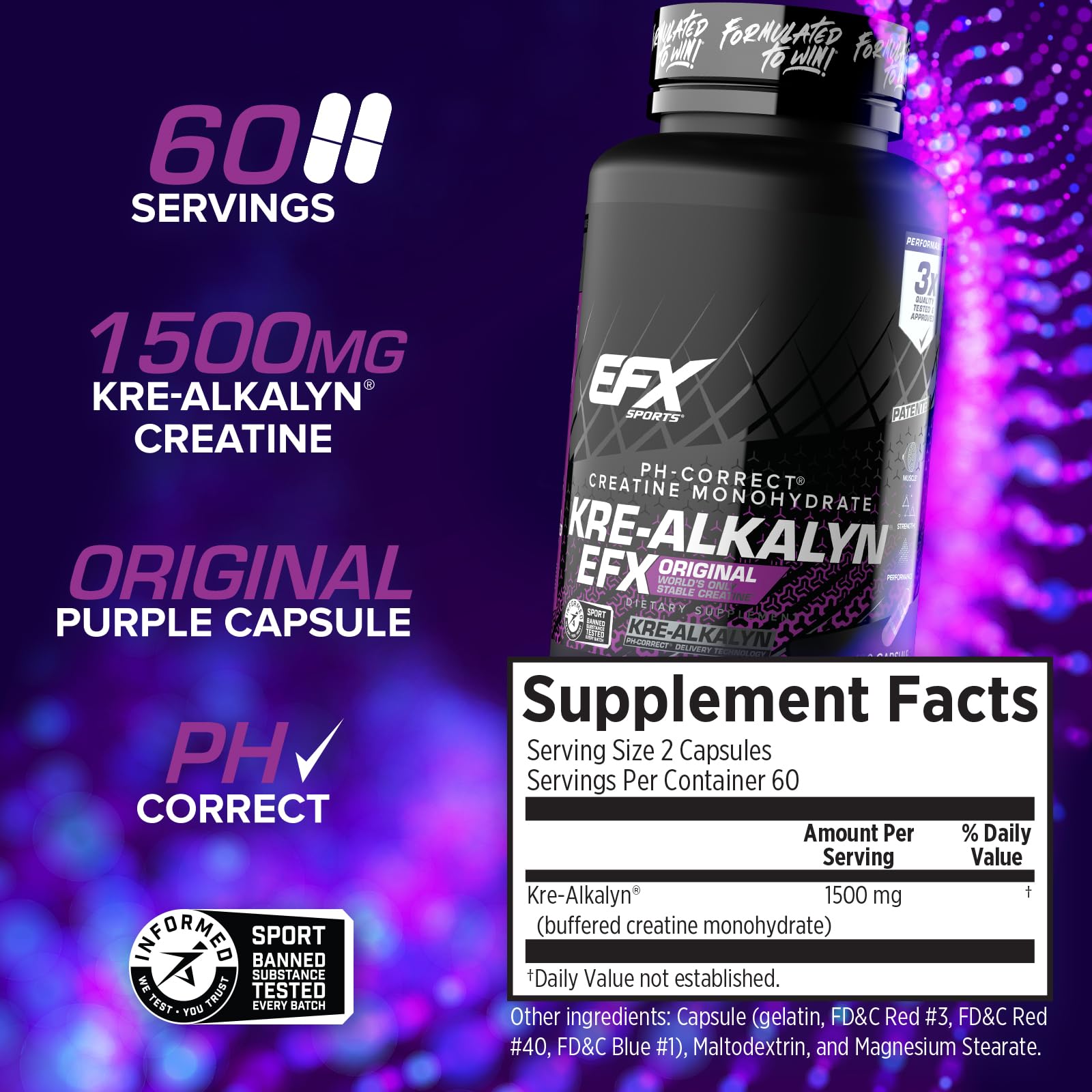 EFX Kre-Alkalyn EFX – Étiquette lisible avec dosage recommandé.
