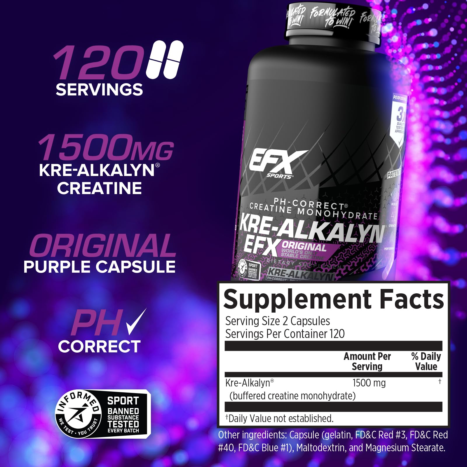 Étiquette Kre-Alkalyn EFX affichant le pH Correct et la pureté