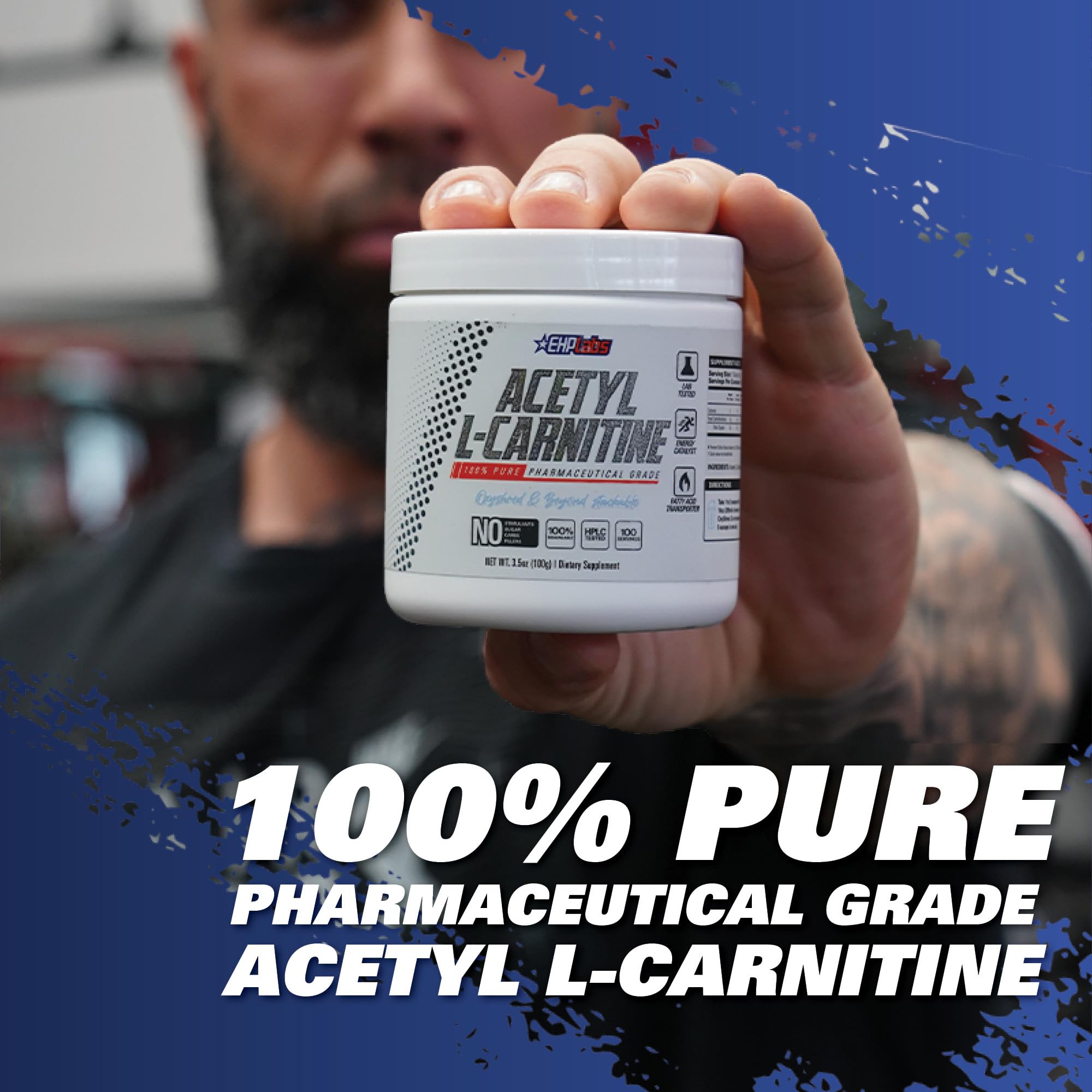 Bouteille EHP Labs Acétyl L-Carnitine Poudre sur étagère de cuisine.