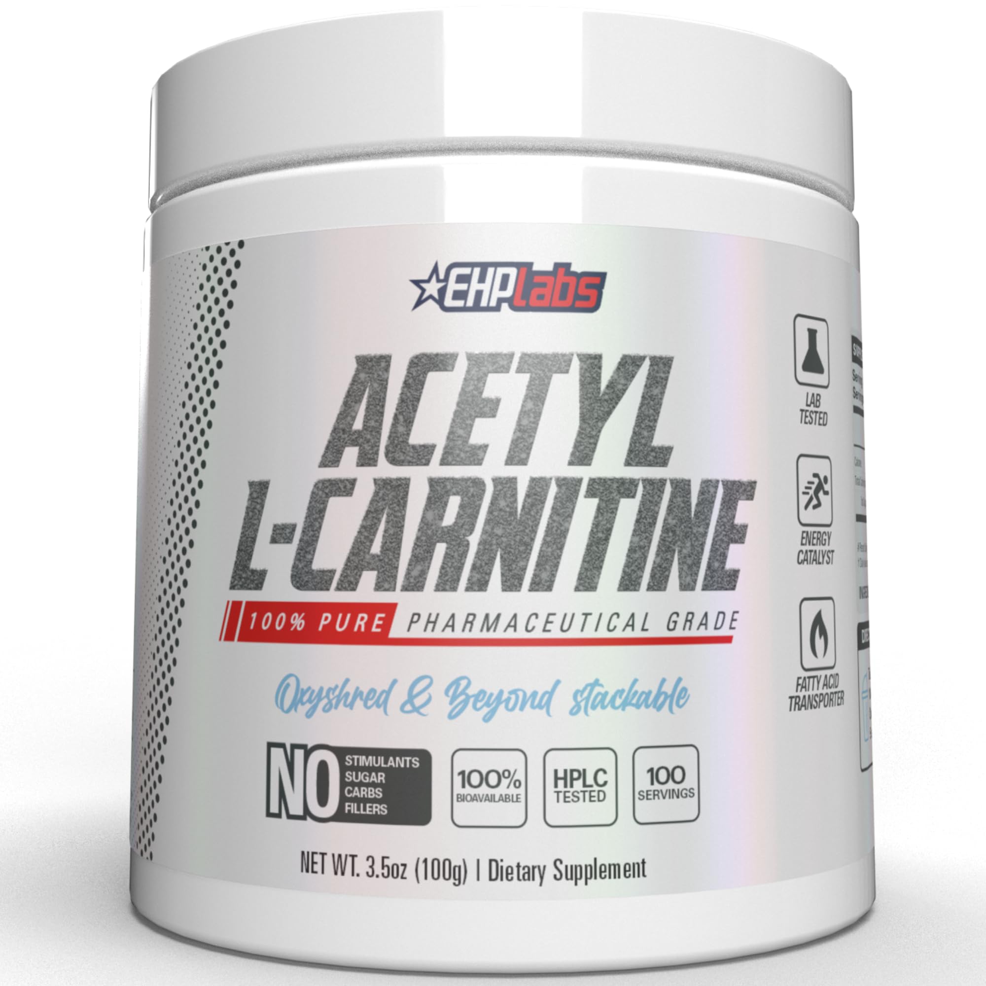 Étiquette et emballage clairs d’EHP Labs Acétyl L-Carnitine Poudre, dosage facile.