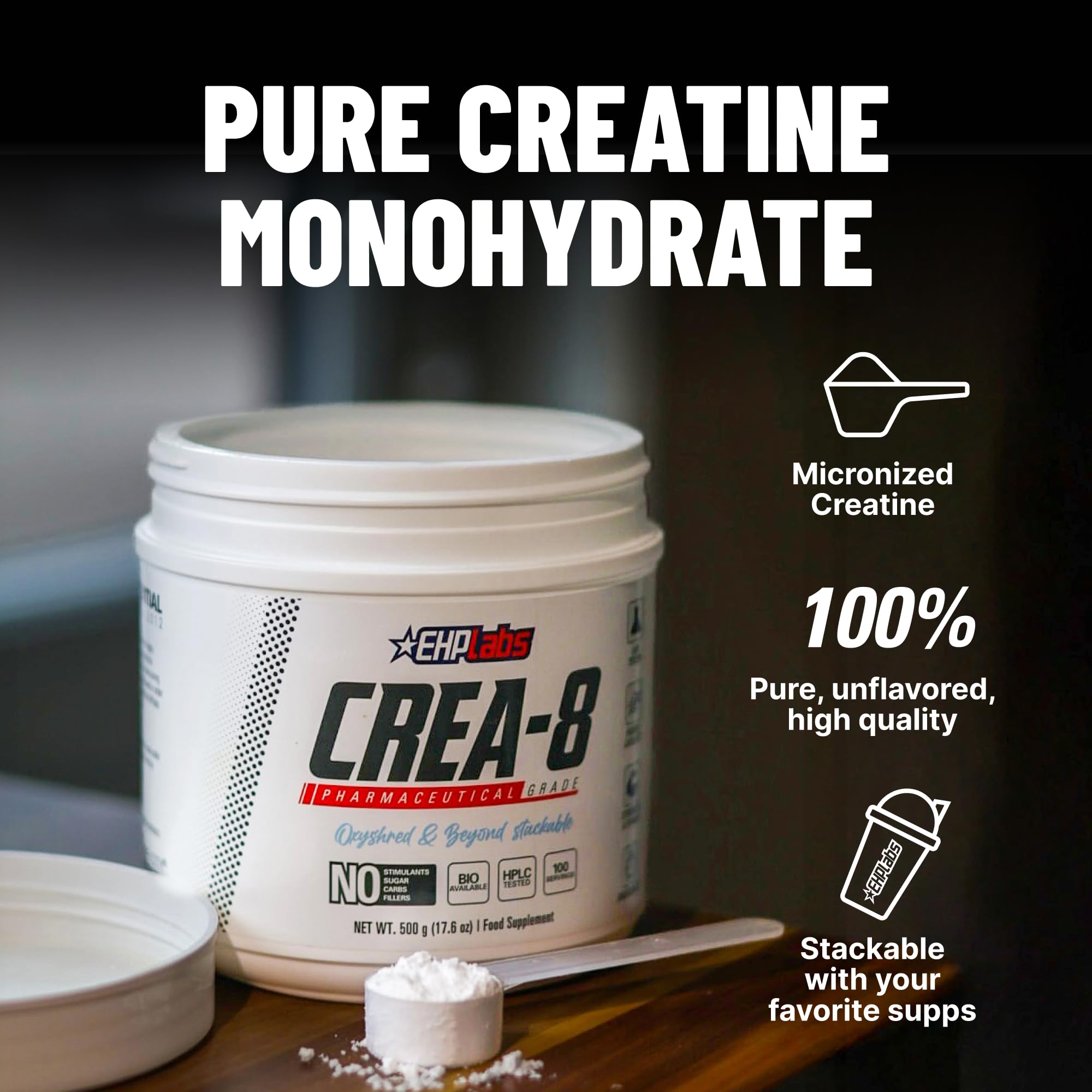 EHP Labs CREA-8 dose-5g, portion pratique pour l apport quotidien.