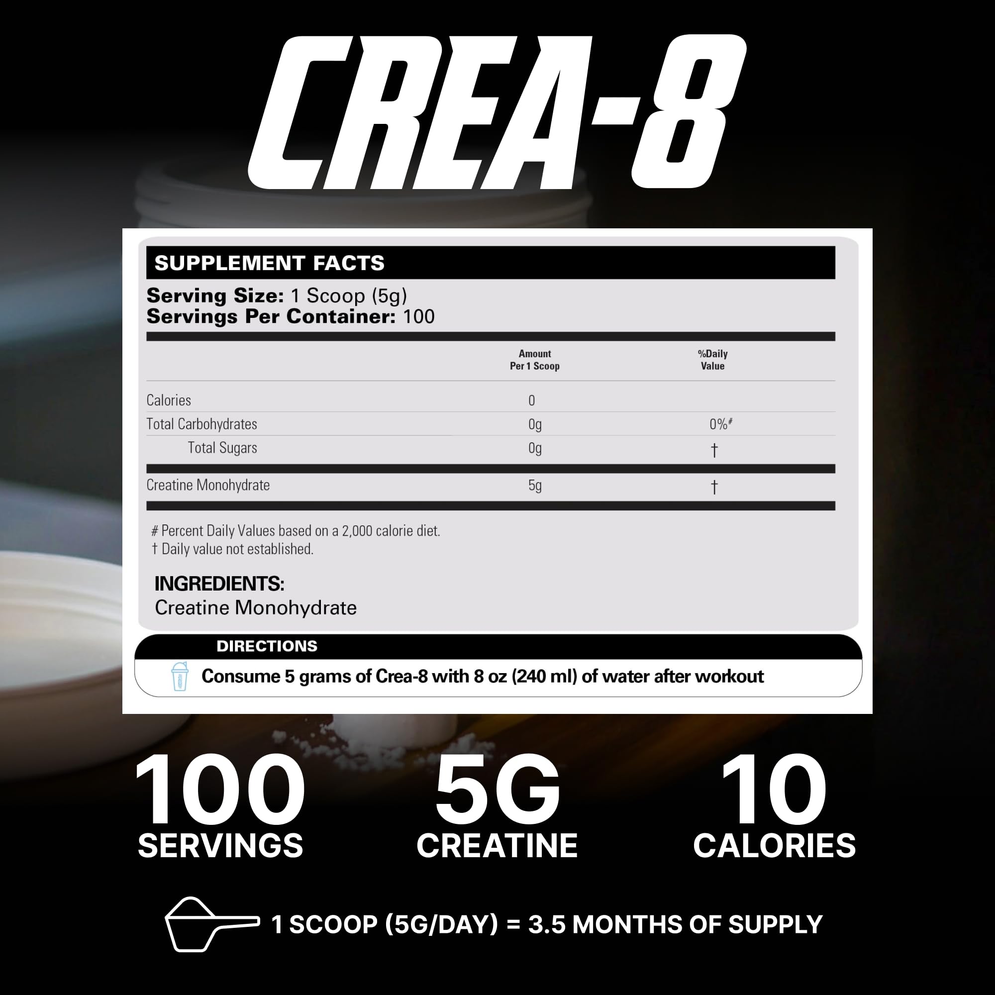 EHP Labs CREA-8 poudre micronisée, dissolution rapide dans l eau ou le jus.