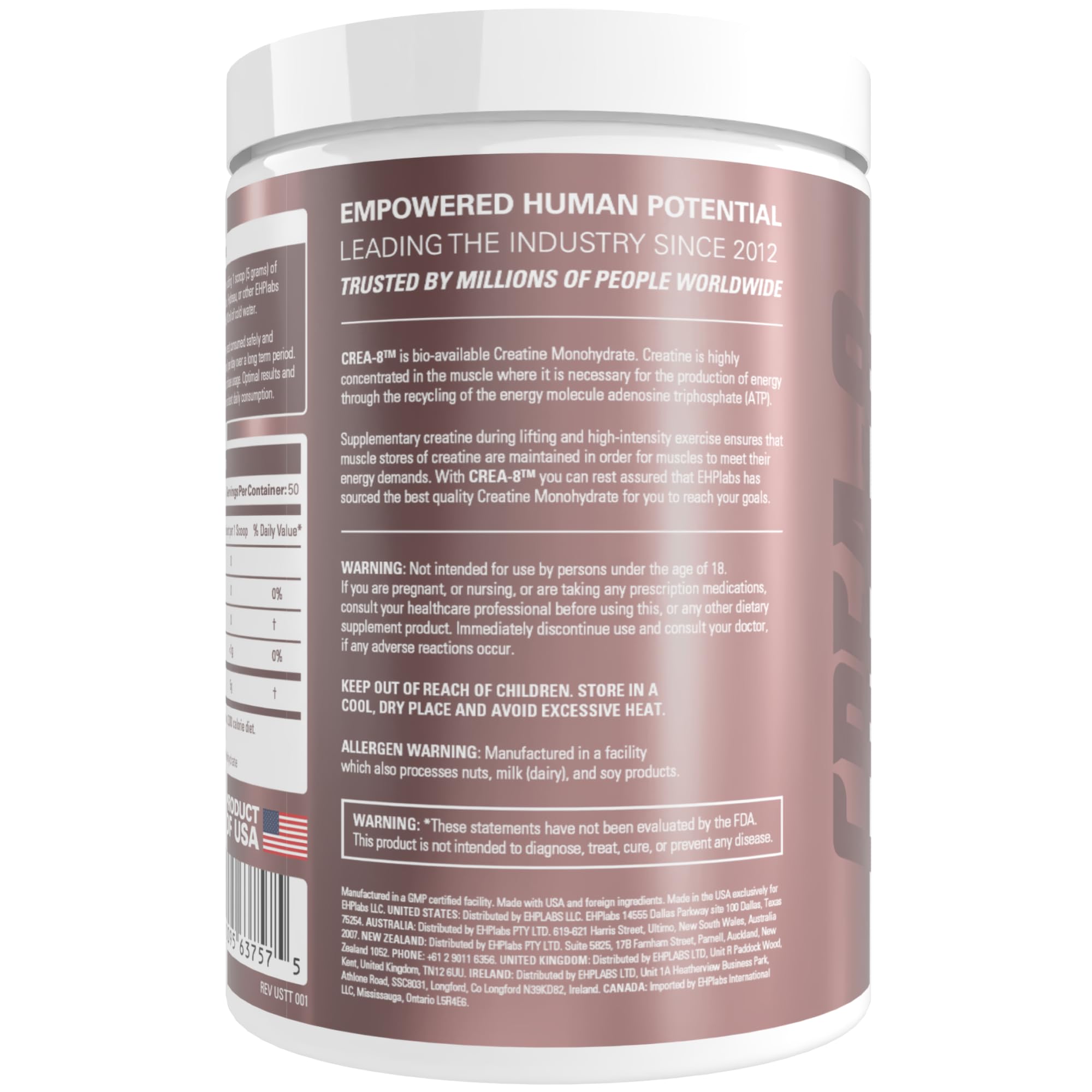 EHP Labs CREA-8 poudre prête pour récupération et progression en fitness.