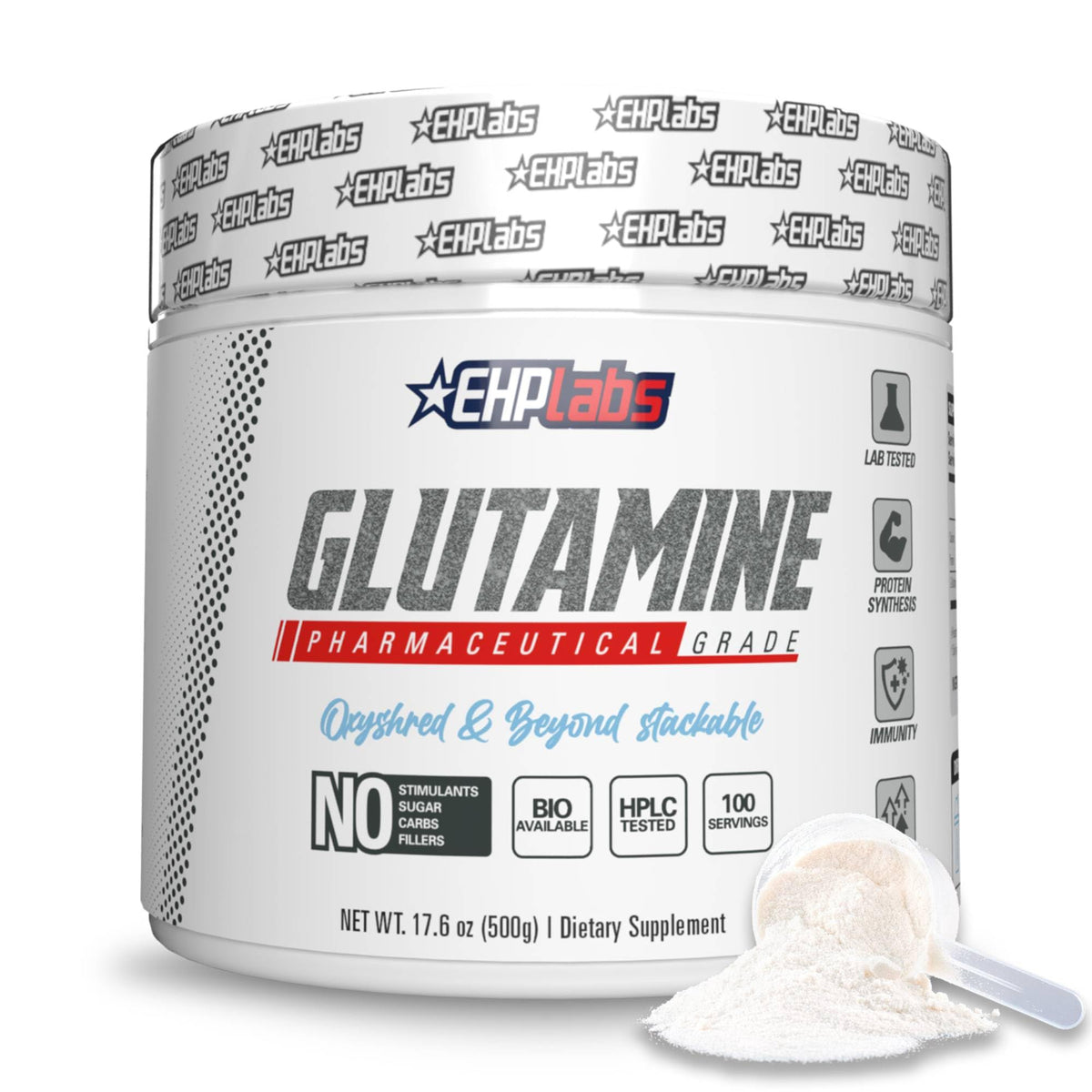 EHP Labs L-Glutamine en emballage 500 g prêt pour la récupération potentielle