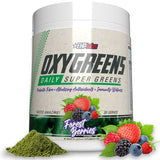 OxyGreens EHP Labs poudre baies des bois dans un verre, énergie naturelle potentielle