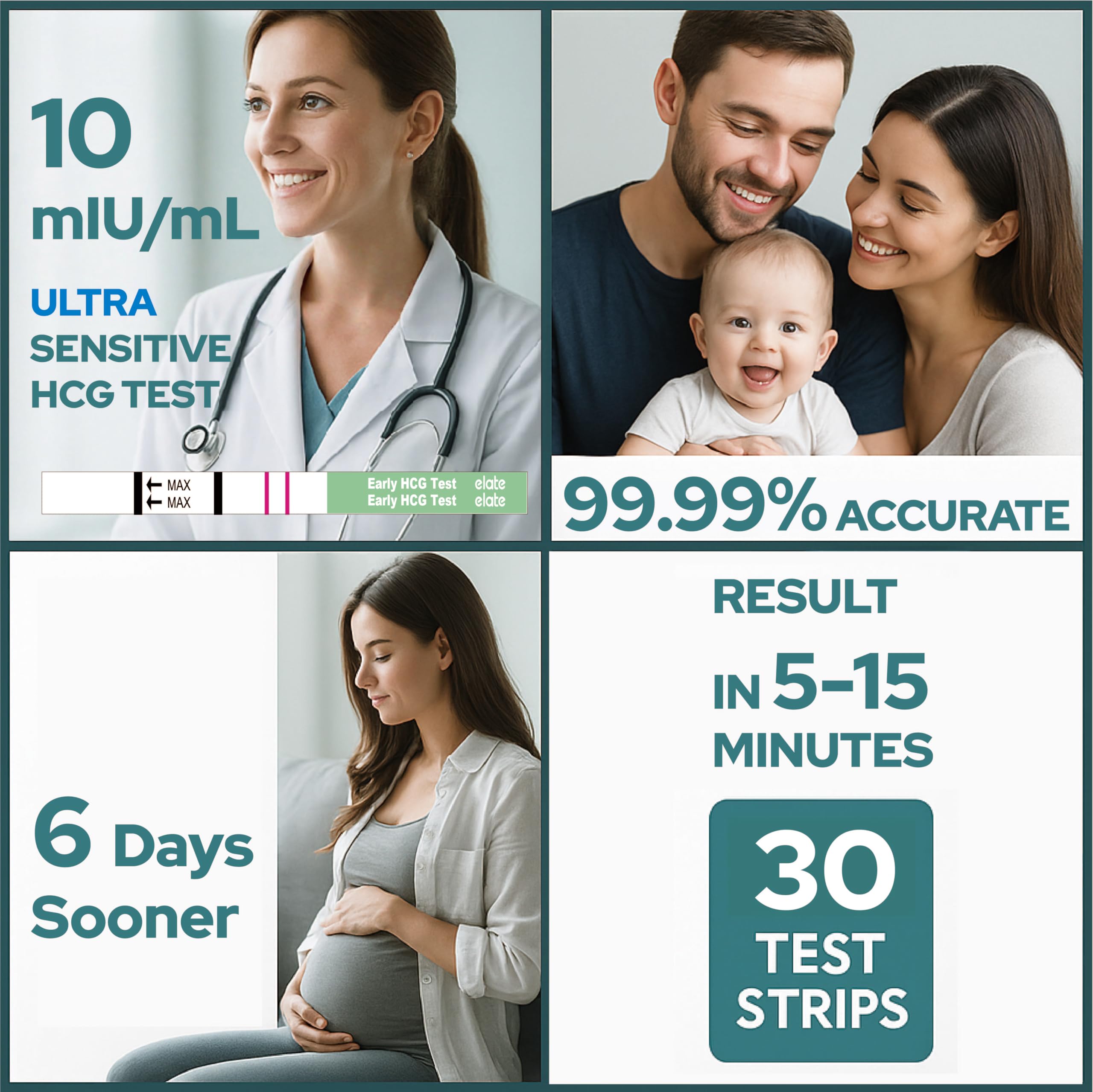 Elate test-strip-detection-hcg-10muil: sensibilité élevée pour résultats fiables.