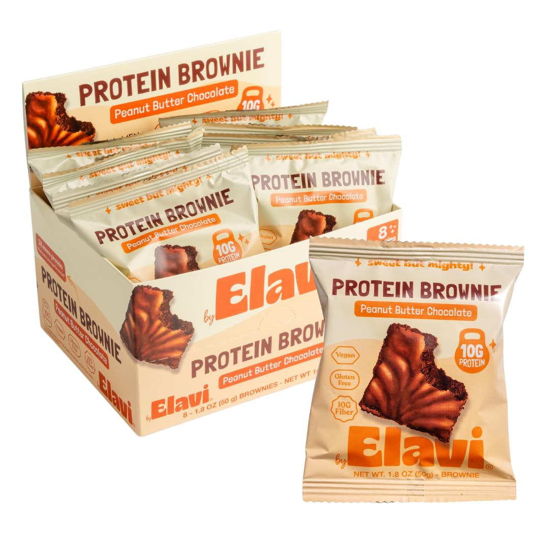 Elavi brownie protéiné au beurre de cacahuète et chocolat, gourmande et nourrissante.