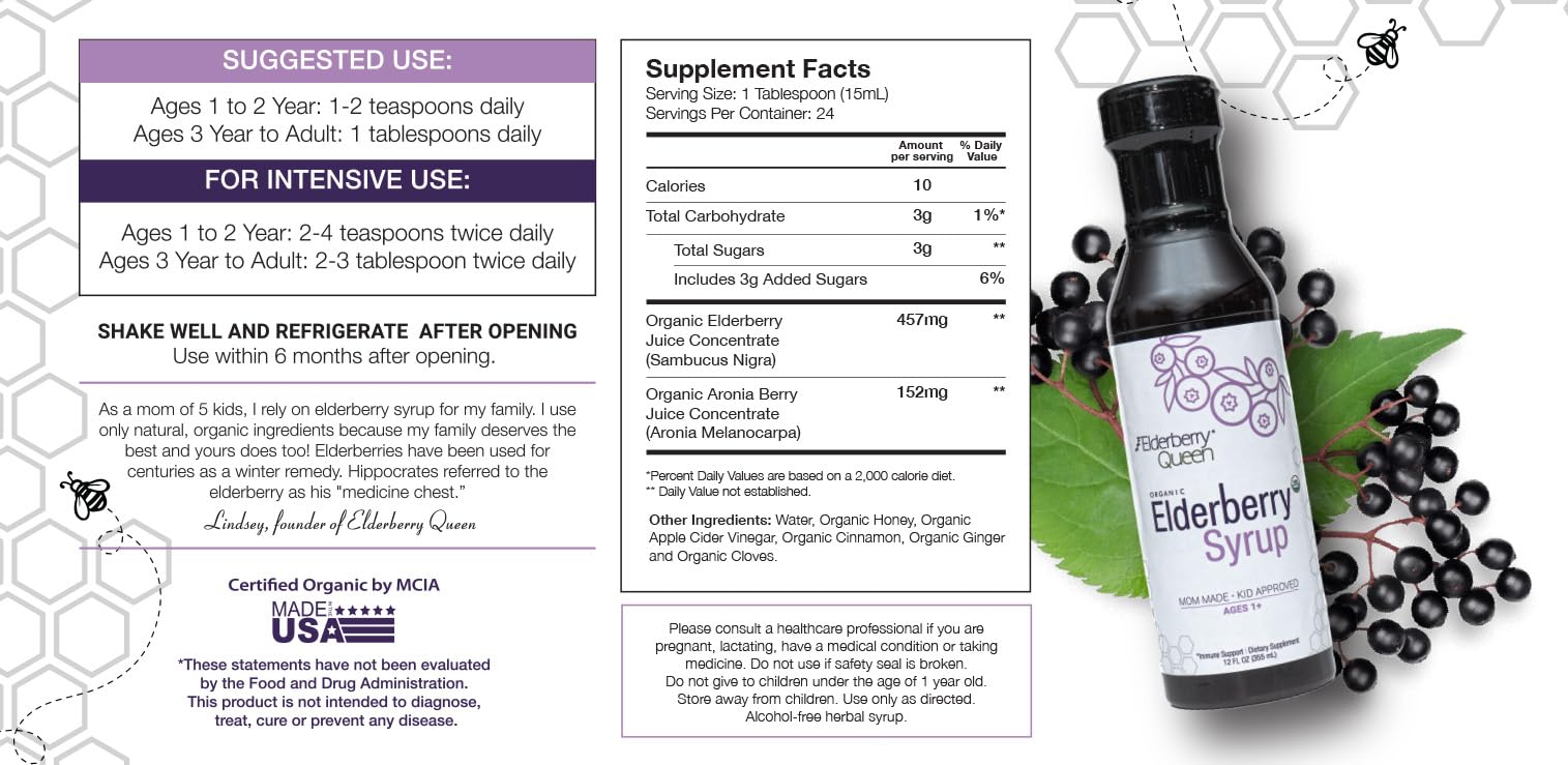 Étiquette Elderberry Queen certifiée biologique et USDA.