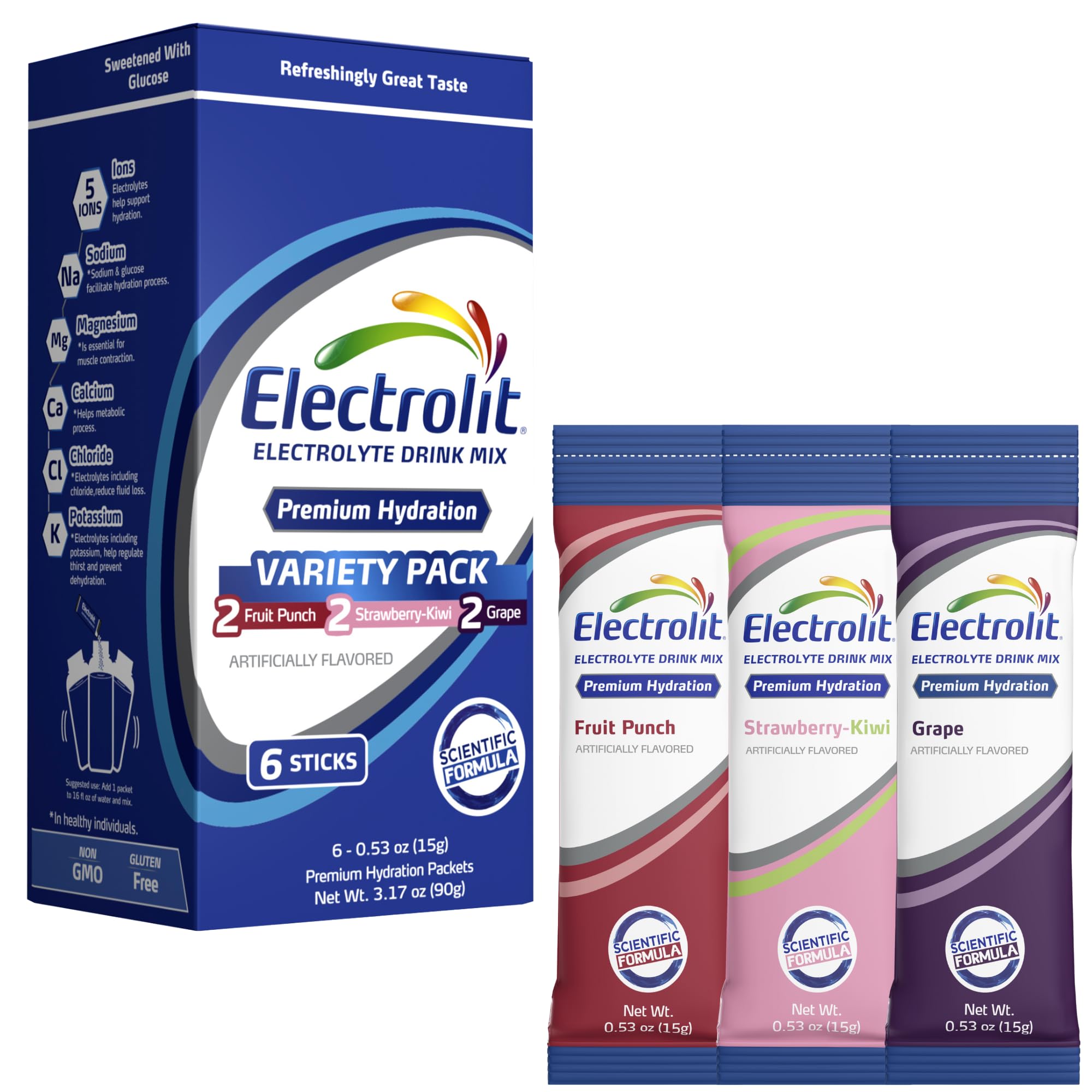 Electrolit packs variété 6-pack, hydratation pratique en déplacement.