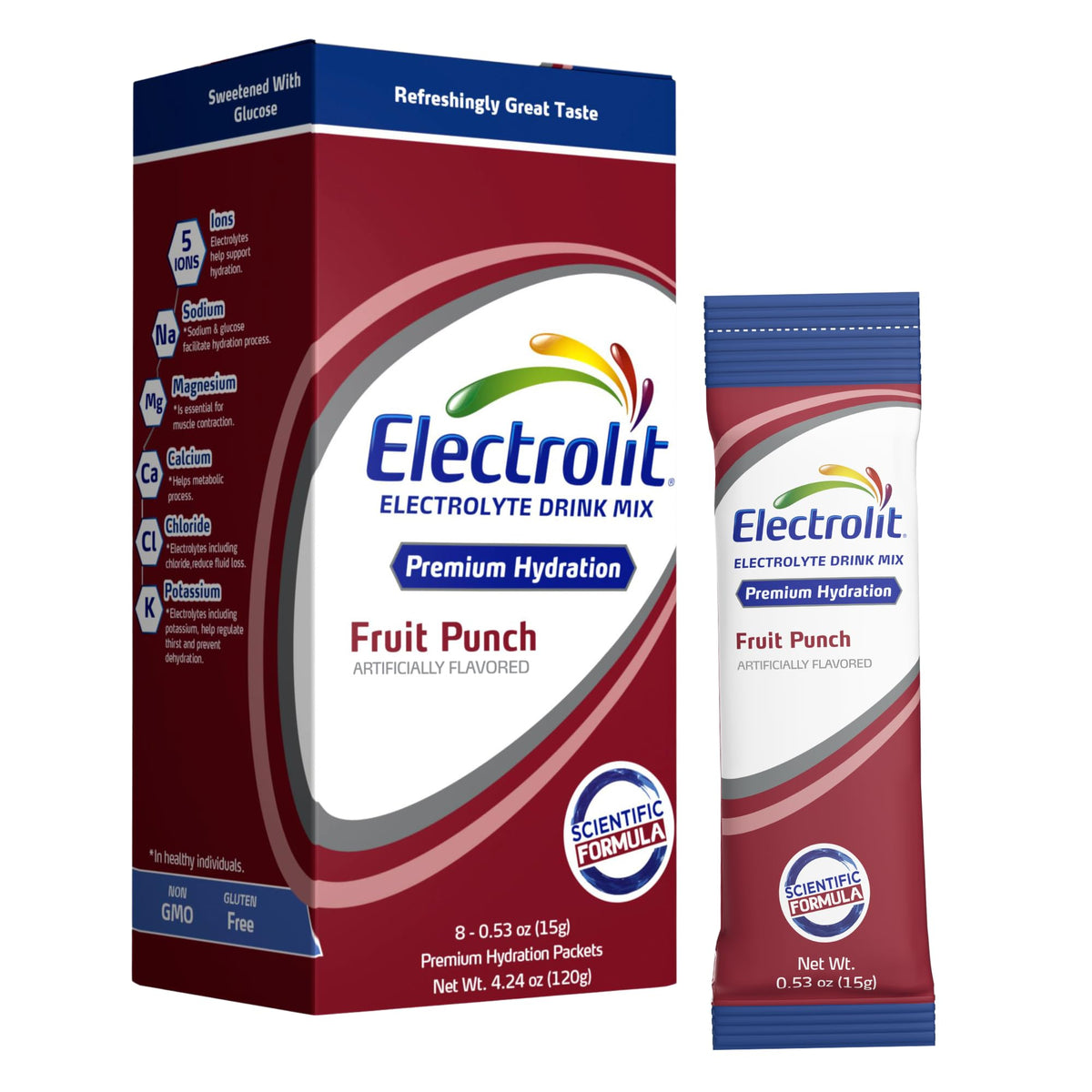 Sachets Electrolit Fruit Punch, pack de 8, hydratation rapide après l'effort.