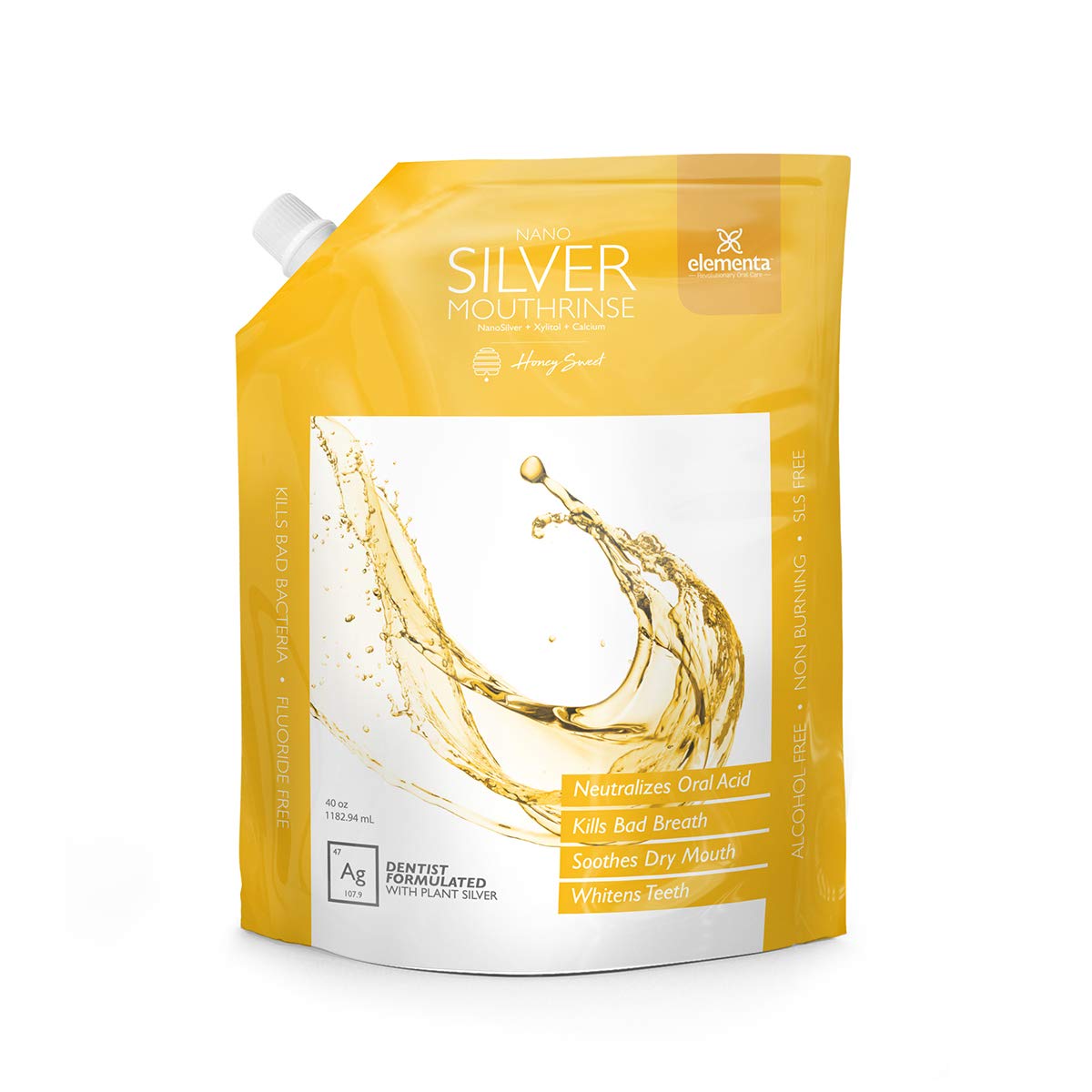 Elementa Silver Nano Xylitol rince-bouche, bouteille pratique pour usage quotidien.