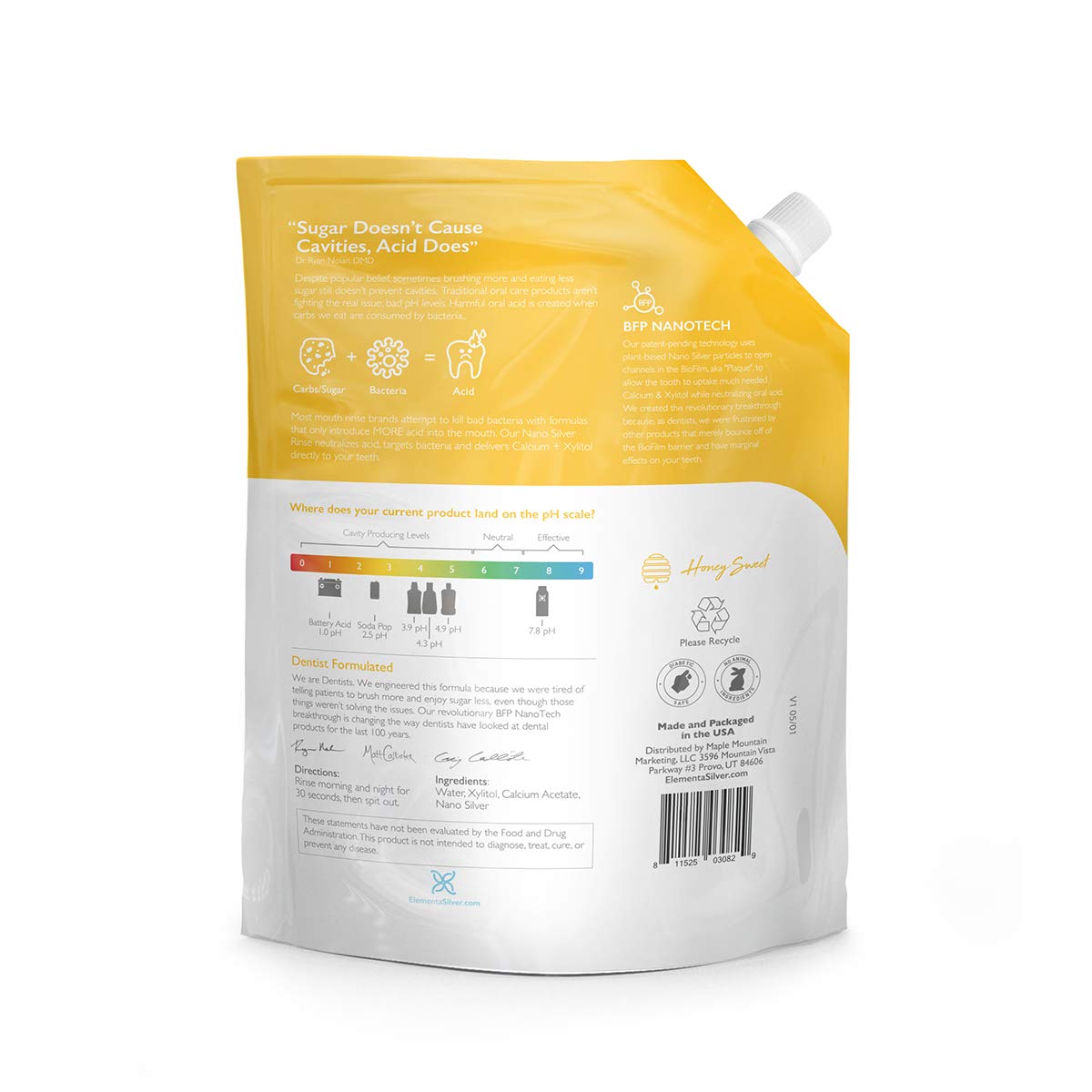 Etiquette Elementa Silver Nano Xylitol montrant l'absence d'alcool et de fluor.