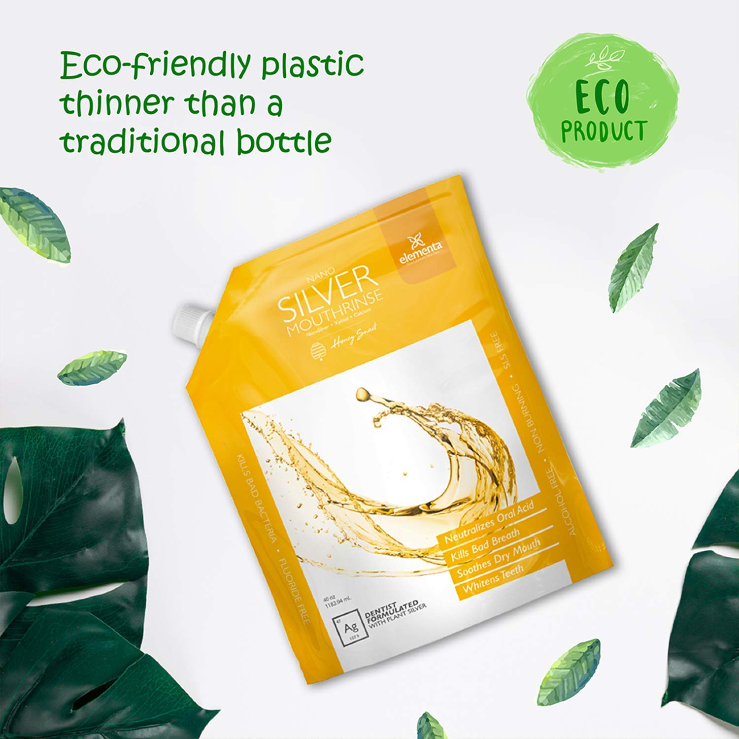 Utilisation quotidienne du rince-bouche Elementa Silver Nano Xylitol dans la routine buccale.