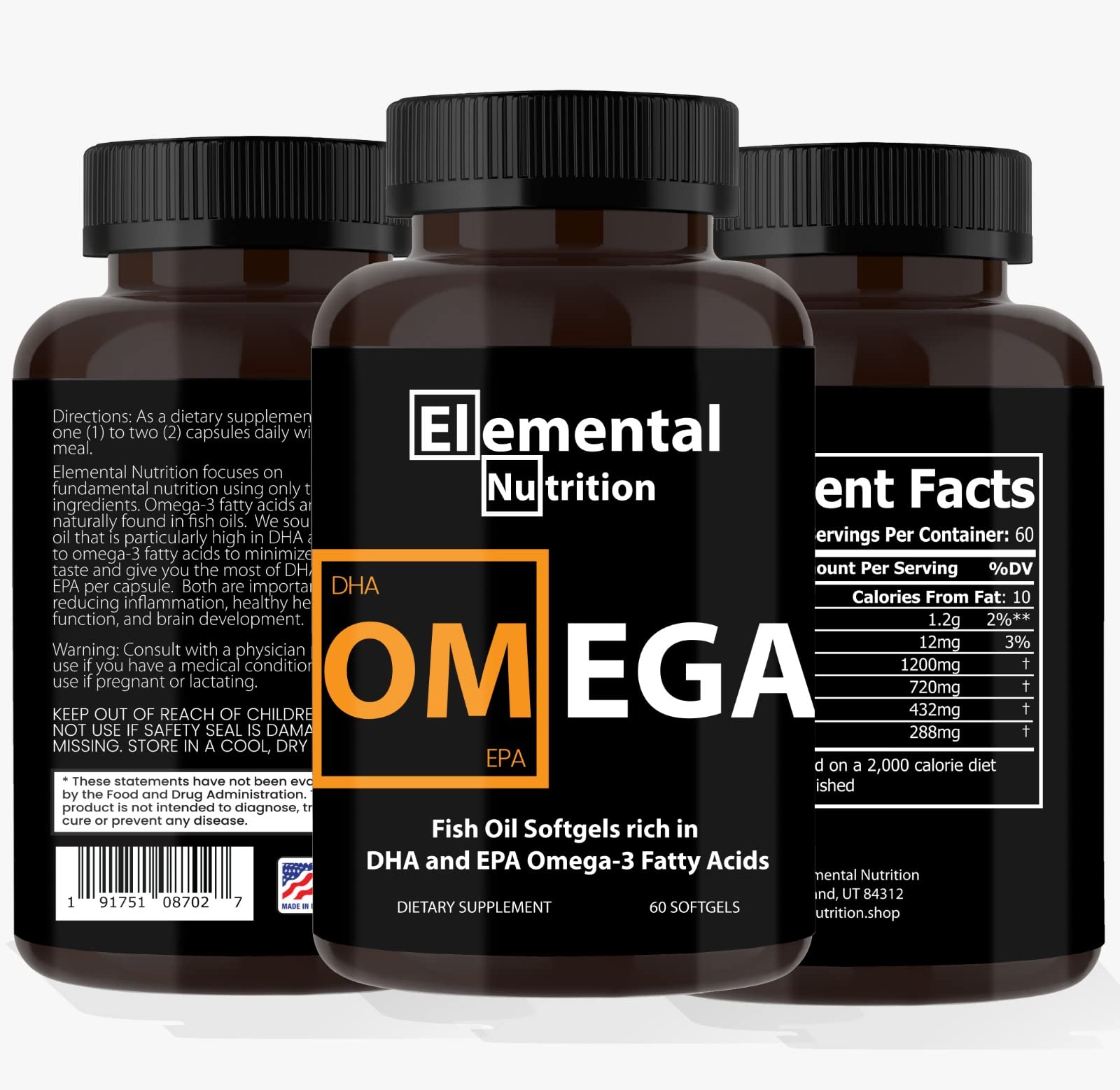 EPA et DHA affichés, 1440 mg par portion dans Elemental Nutrition
