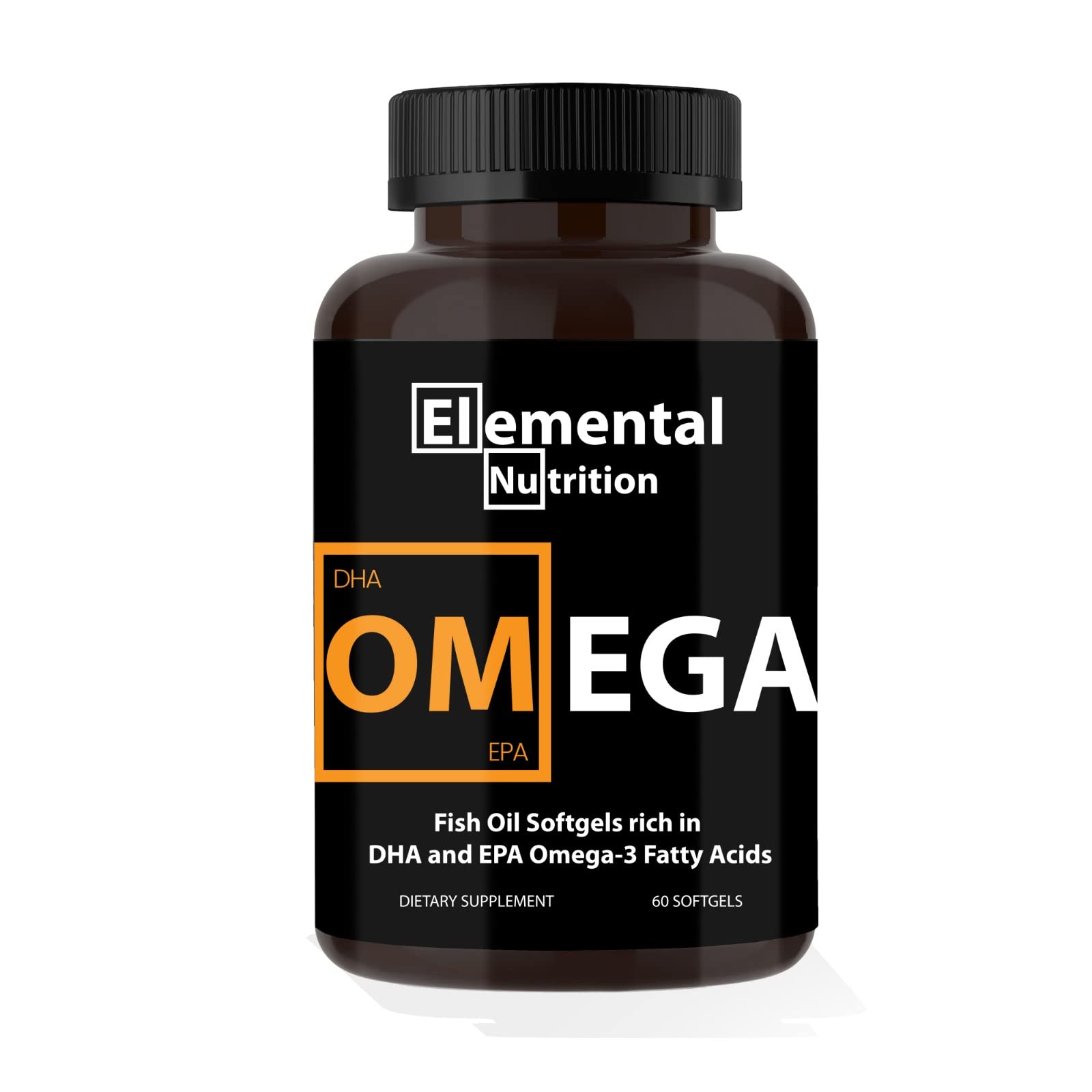 Gélules Omega-3 Elemental Nutrition dans un bocal noir, pratique et recyclable