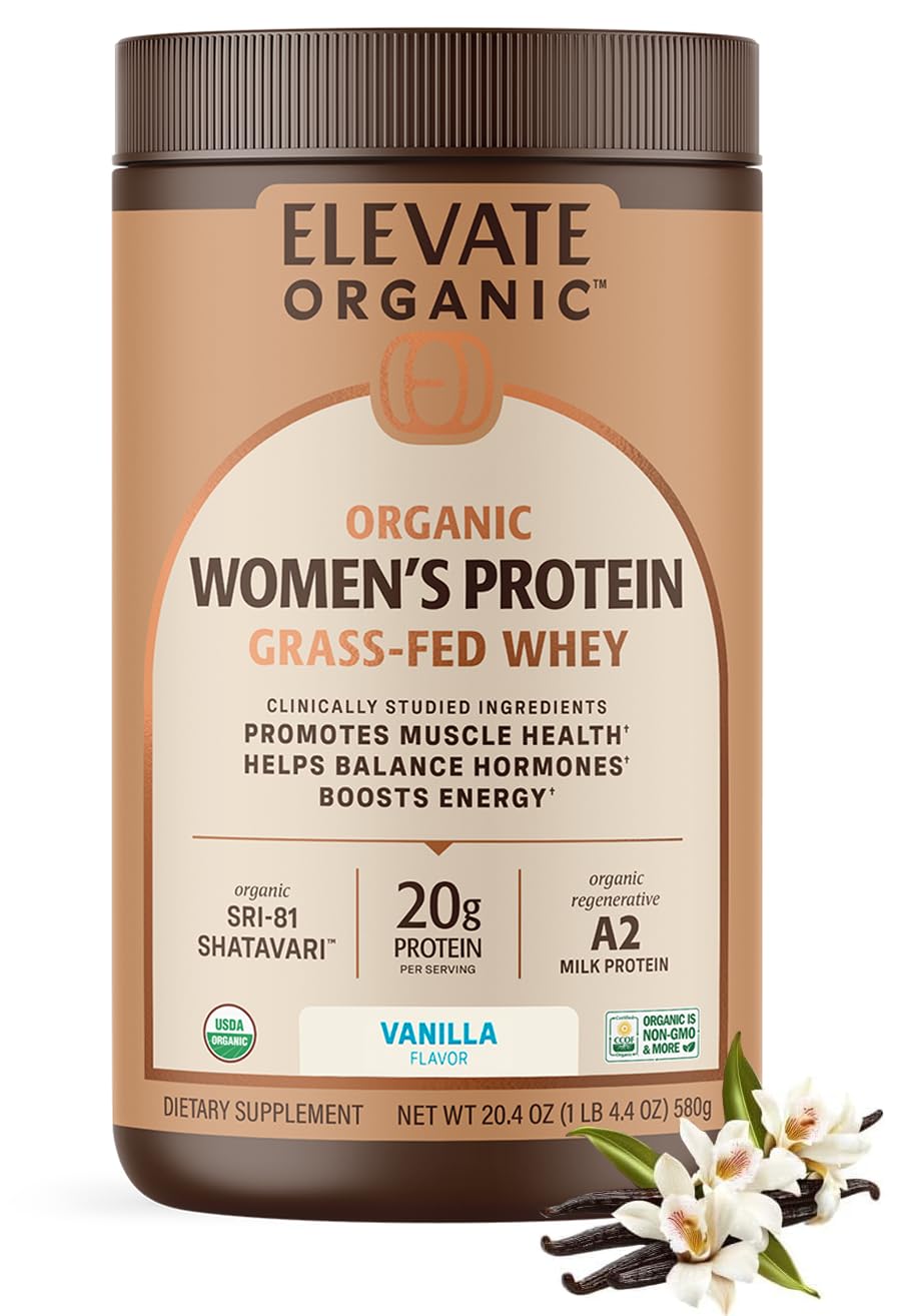 Poudre protéinée vanille Elevate Organic en boîte, profil énergétique potentiel.