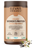 Poudre protéinée vanille Elevate Organic en boîte, profil énergétique potentiel.
