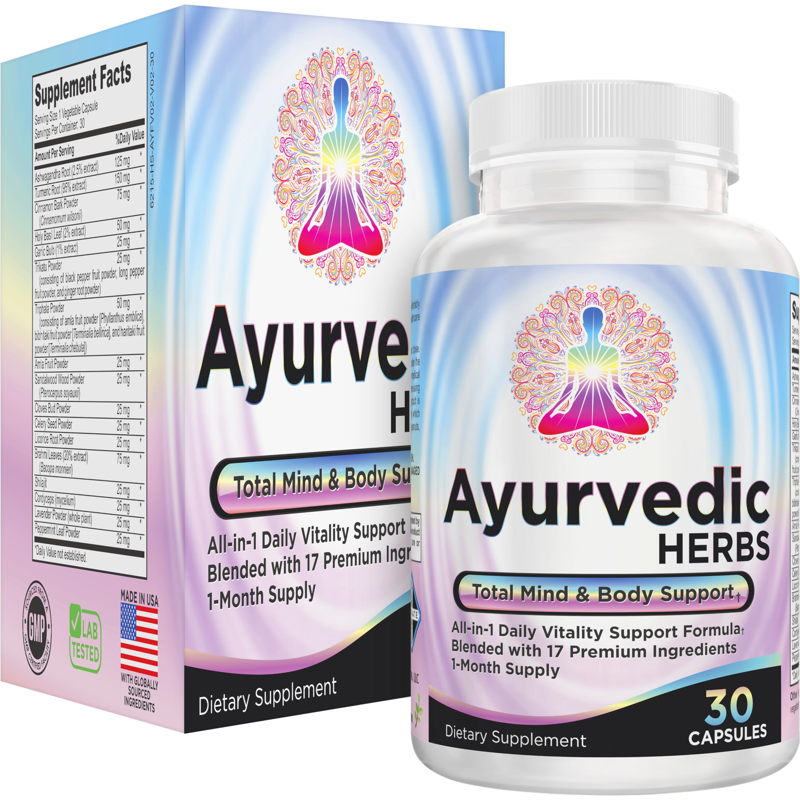 Bouteille Elevate Recovery Ayurvédique 17-en-1, soutien potentiel pour l’équilibre esprit et corps.