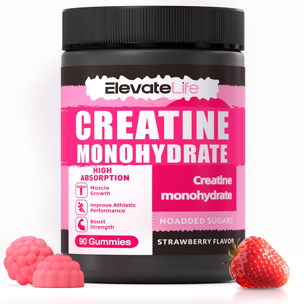 Gommes ElevateLife Creatine 5000mg en bouteille, soutien potentiel à l'effort.