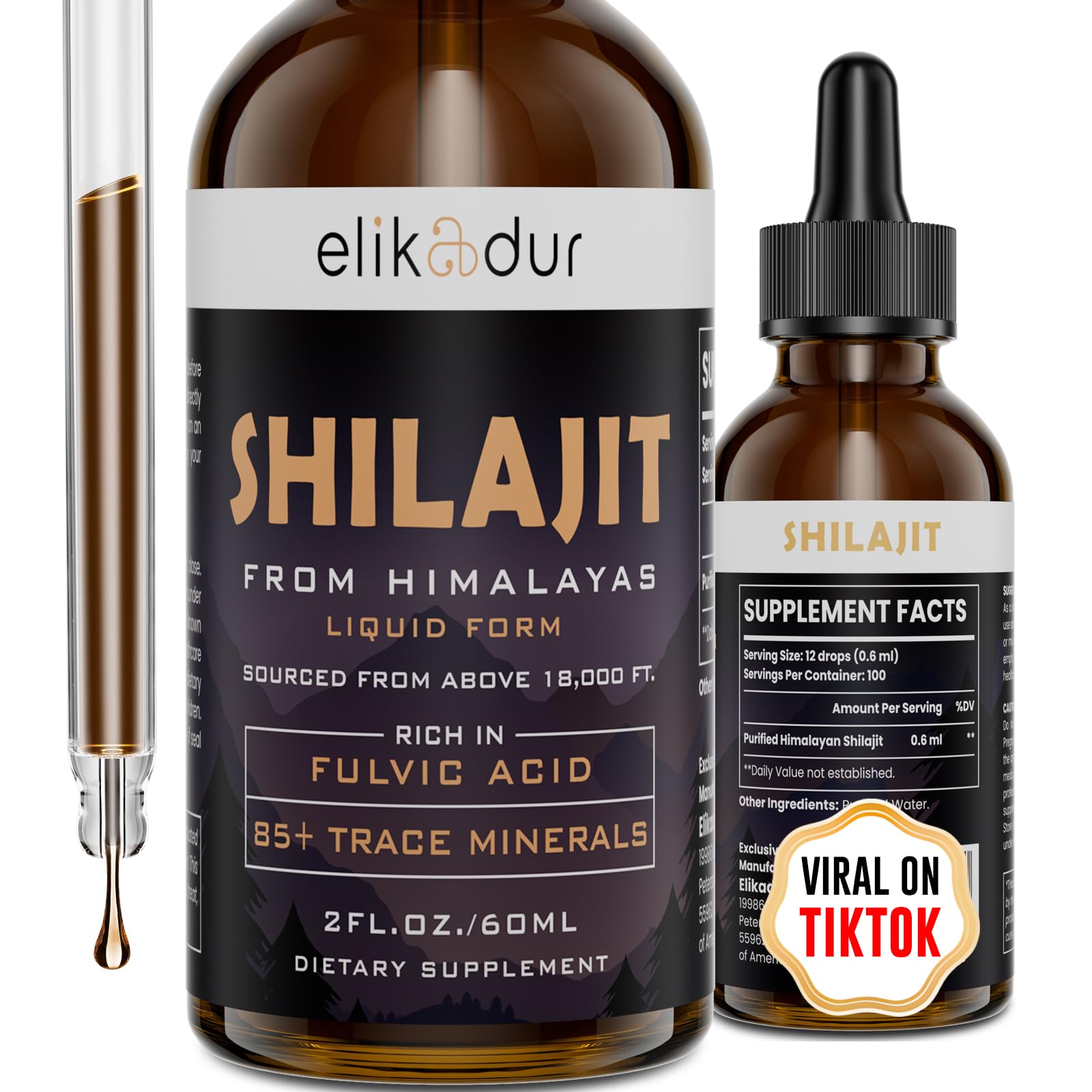 Elikadur Shilajit goutte-bouteille 60 ml pour dosage précis.