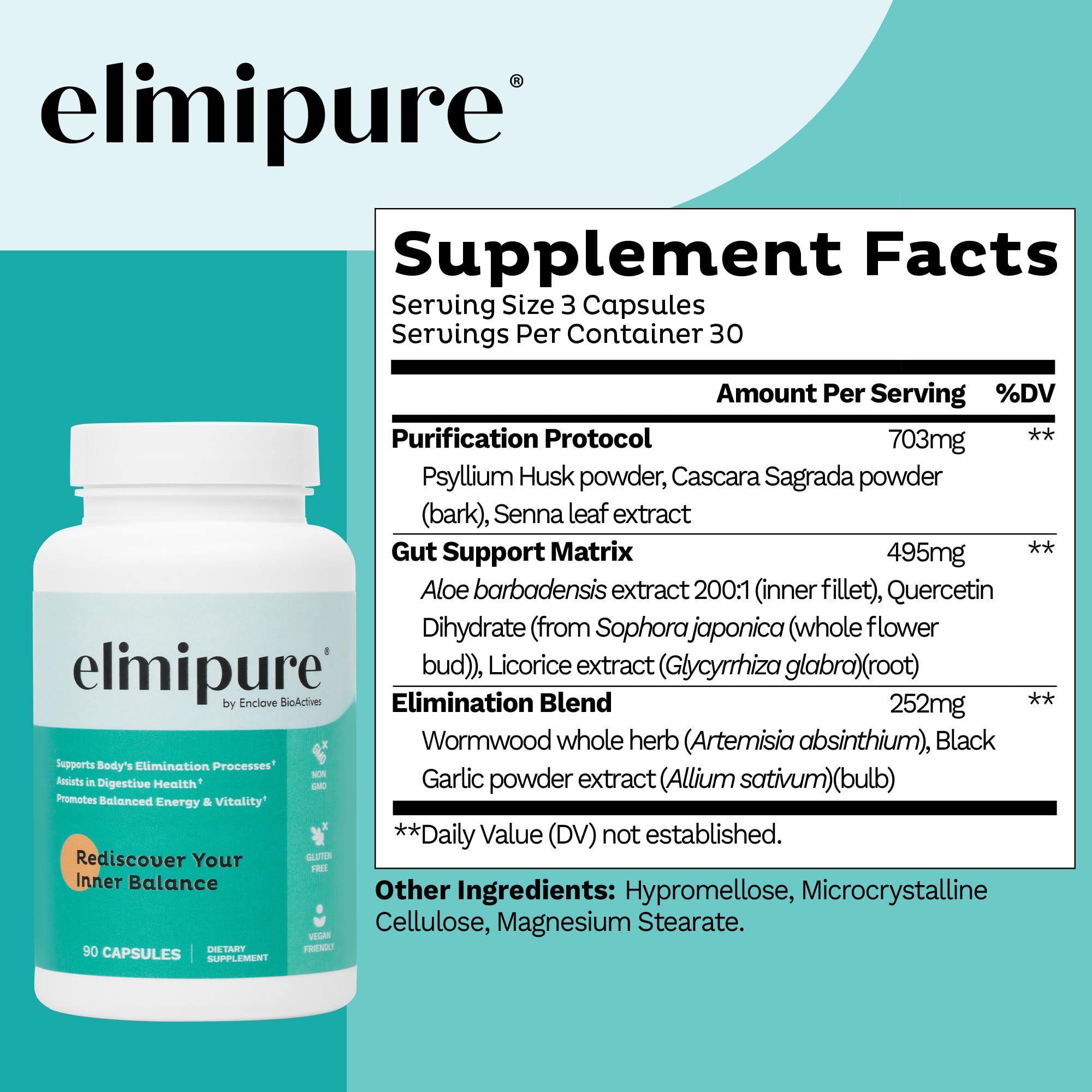 Elimipure Gut Cleanse, flacon et bouchon, facilité d'utilisation et routine quotidienne.