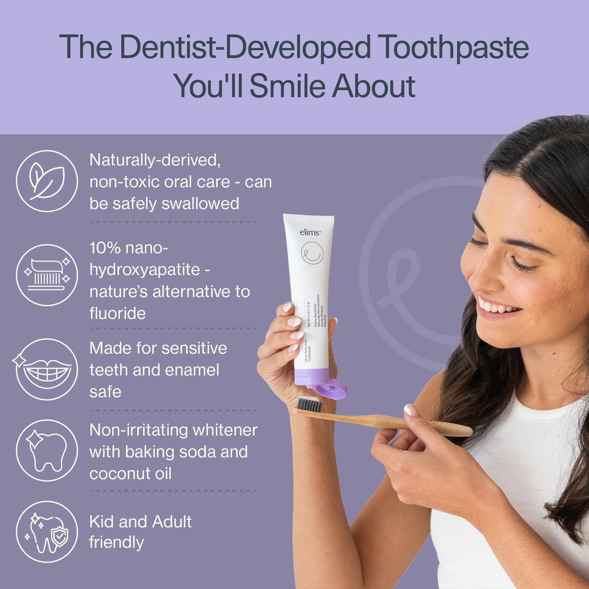 Ingrédients clés du dentifrice ELIMS Nano Hydroxyapatite pour reminéralisation douce.
