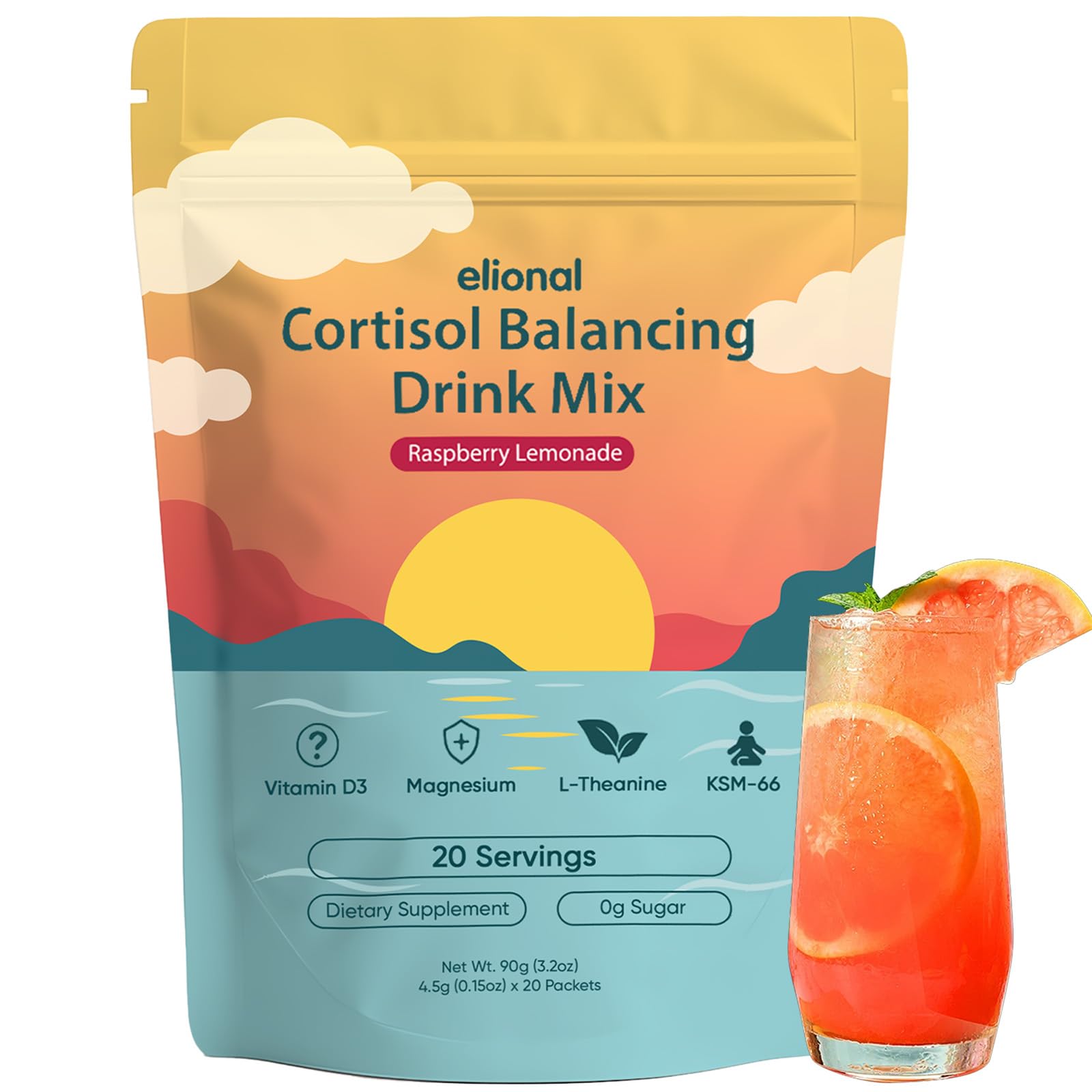 Elional Cortisol Poudre saveur framboise-citronnade, dégustée dans un verre pour une détente agréable.