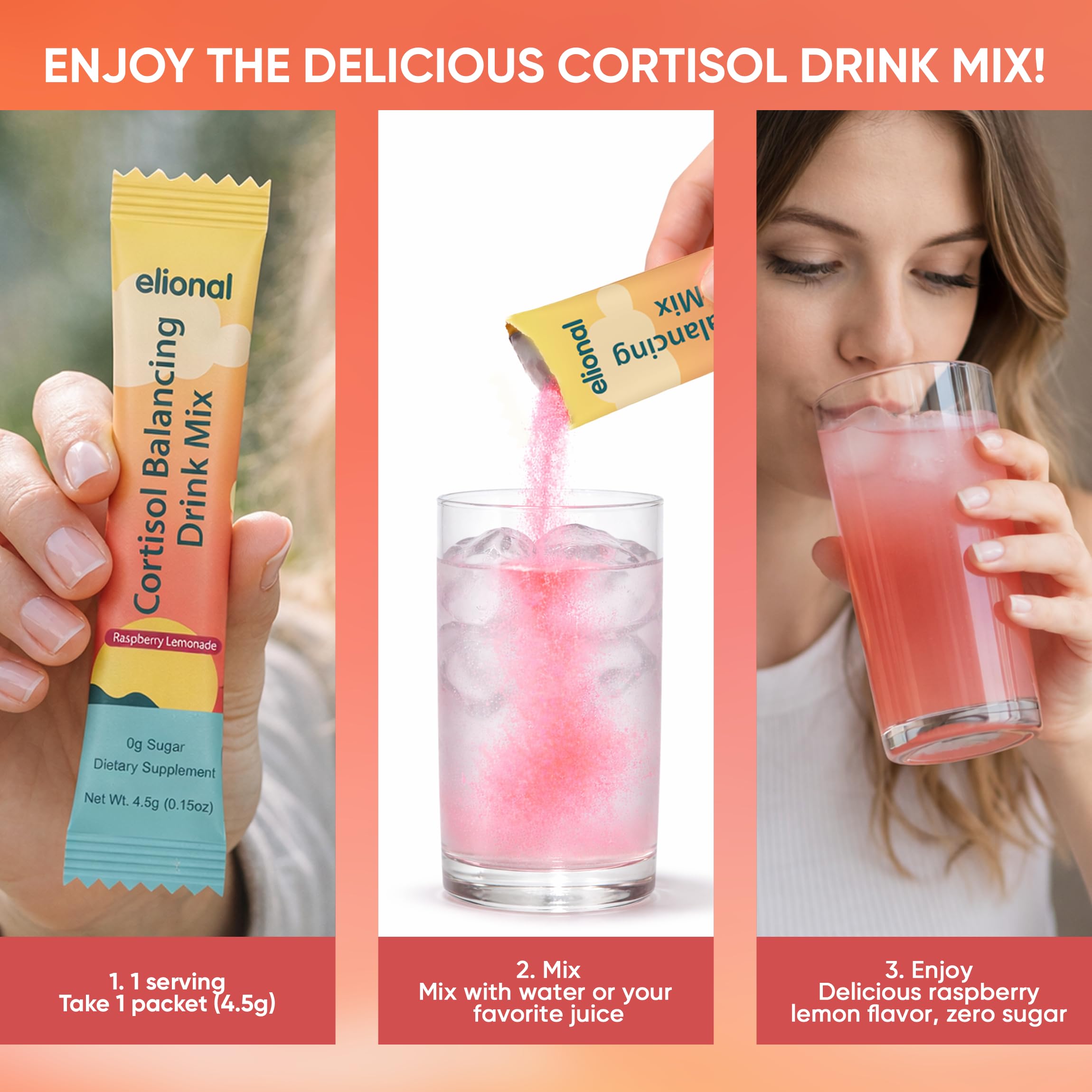 Saveur framboise-citronnade d’Elional Cortisol Poudre, boisson agréable et pratique.