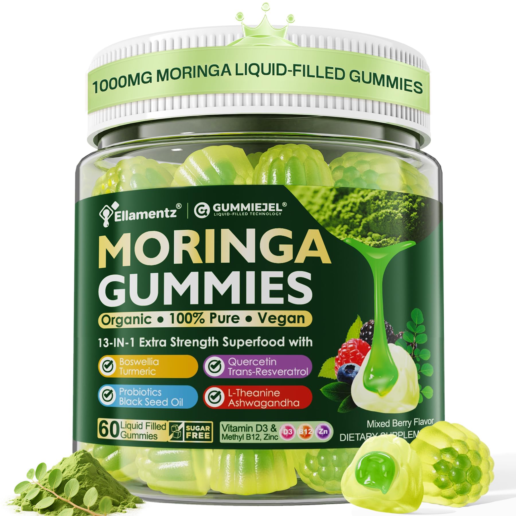 ELLAMENTZ bonbons gélifiés Moringa – Bouteille: format pratique pour énergie et bien-être quotidiens.