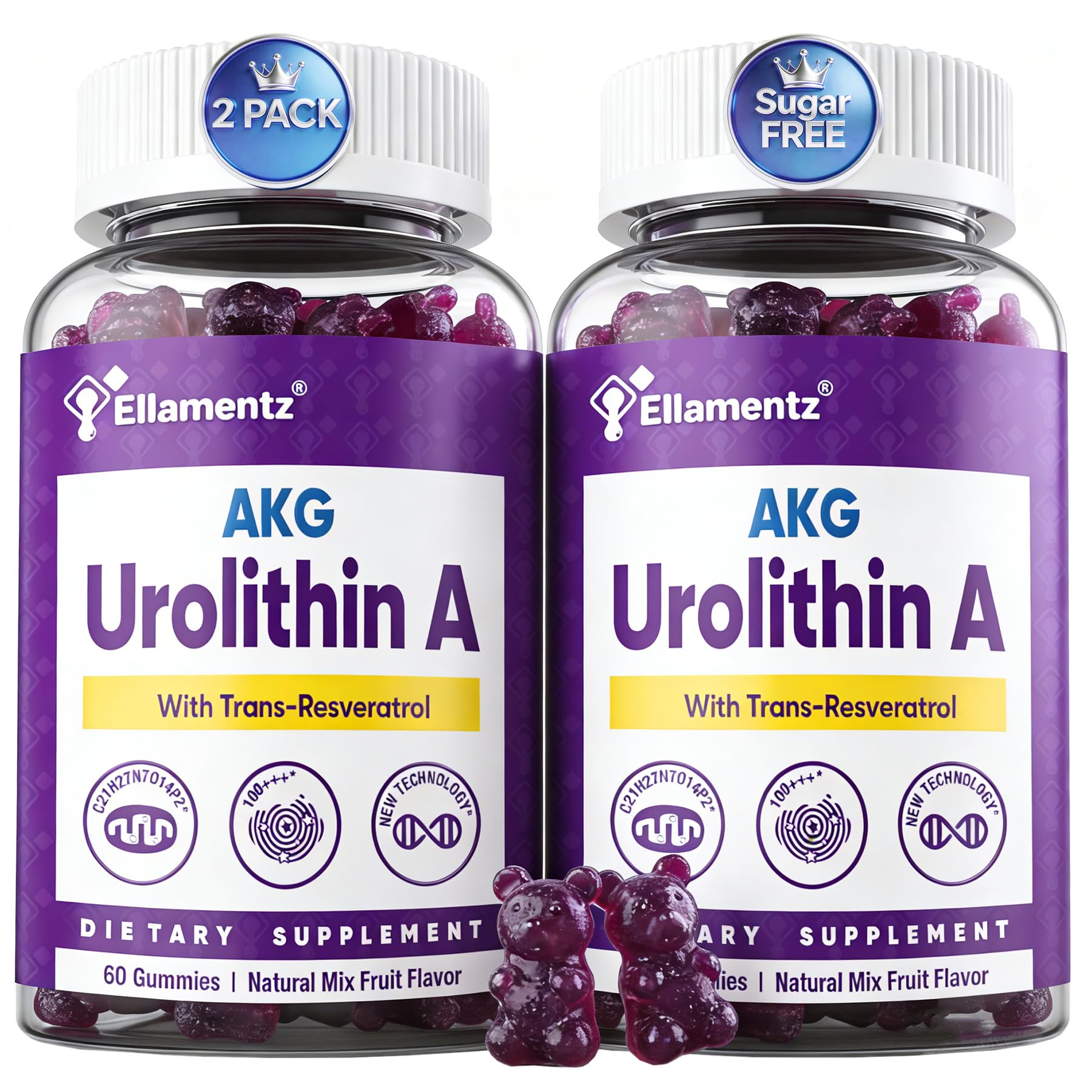 ELLAMENTZ bouteille Urolithin A+, aperçu du flacon et renouvellement cellulaire potentiel