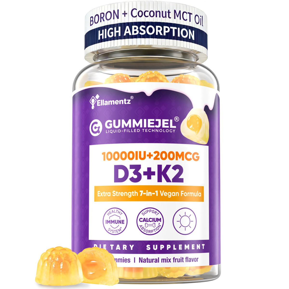 Gommes Ellamentz D3-K2 en bouteille, absorption élevée potentielle.