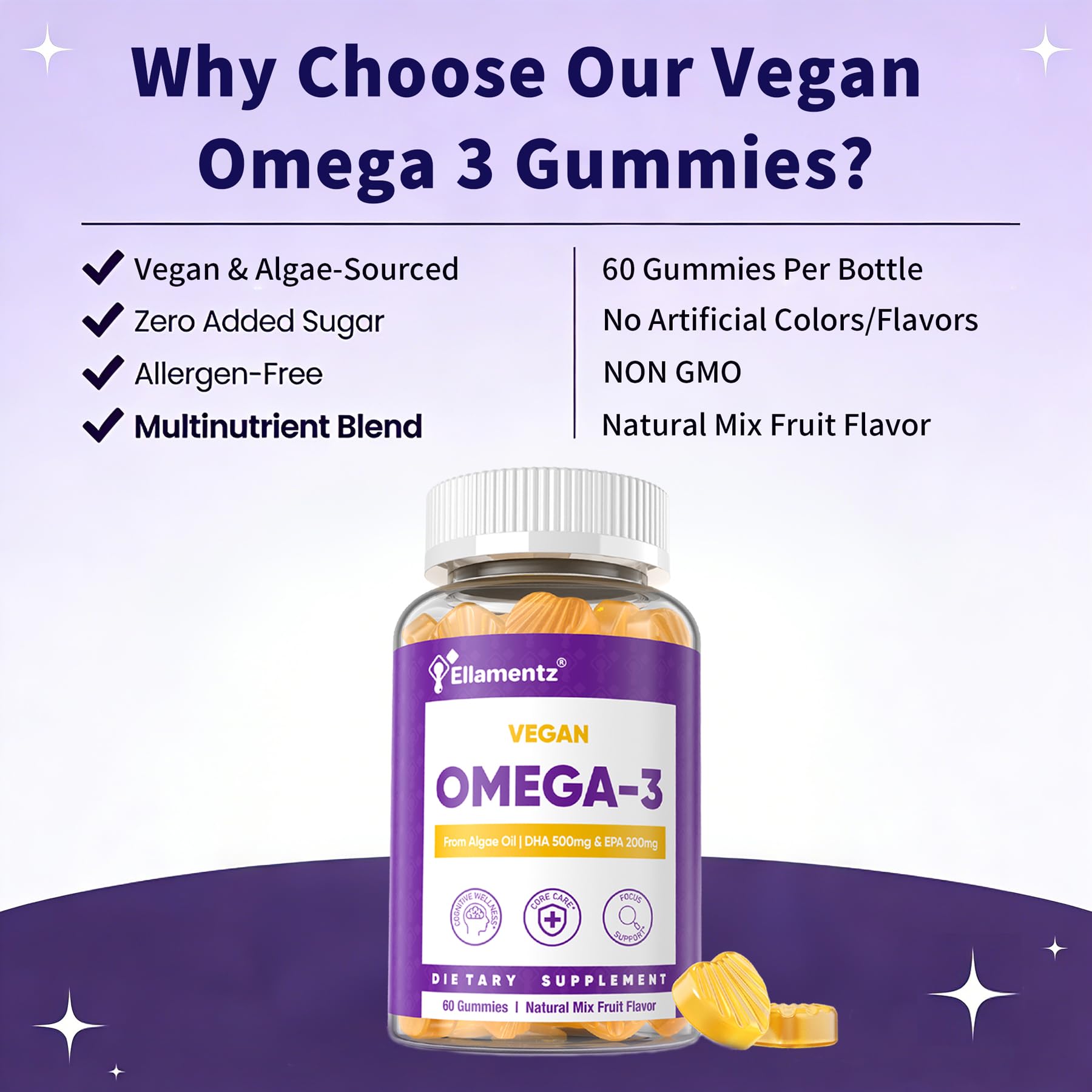 ELLAMENTZ gommes oméga-3 véganes, vitamine B12 et D3 végétales pour l’énergie.