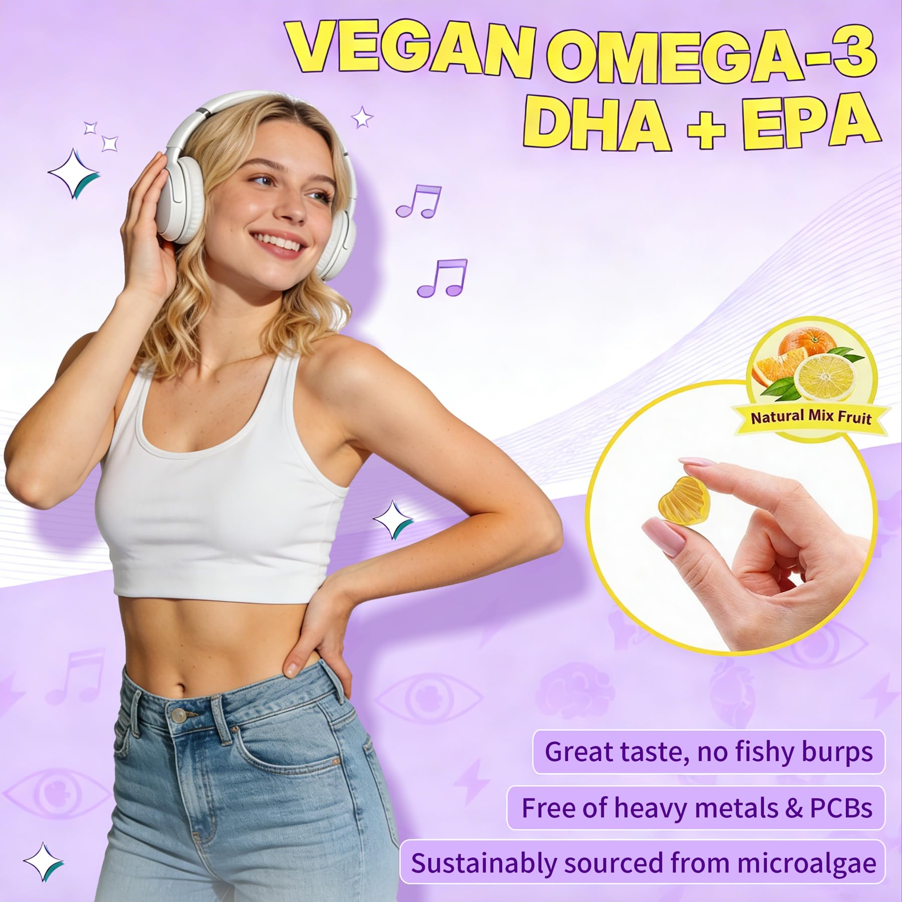 ELLAMENTZ gommes oméga-3 véganes, mode de vie sain et simplicité d’utilisation.