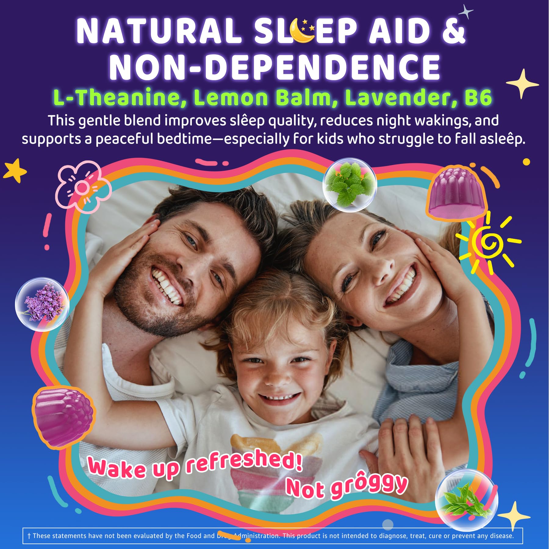 Gommes ELLAMENTZ Sommeil Enfants – Magnésium et glycinate pour la détente musculaire.
