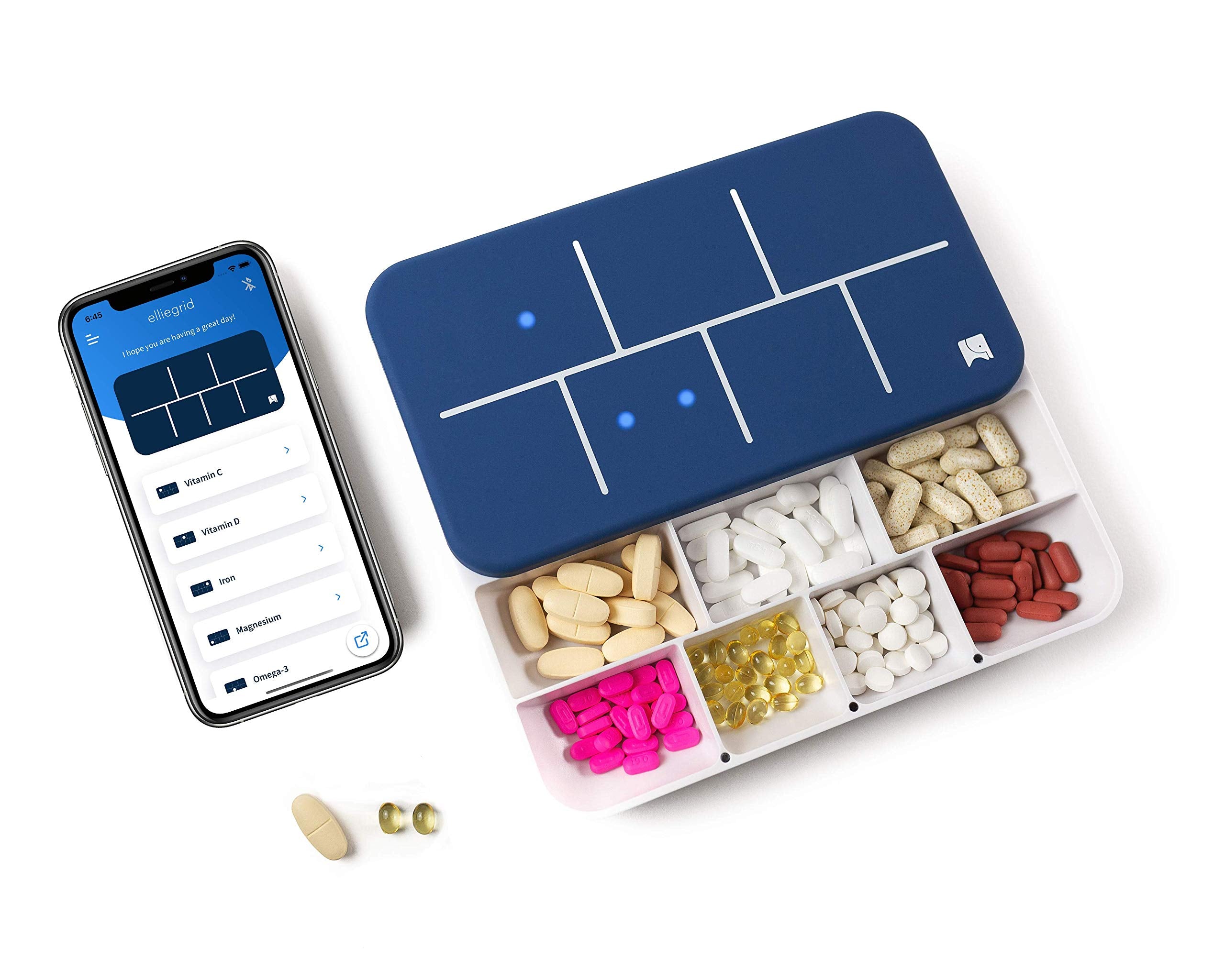 Elliegrid organiseur-pilules mensuel avec alarme intelligente pour suivre les prises.