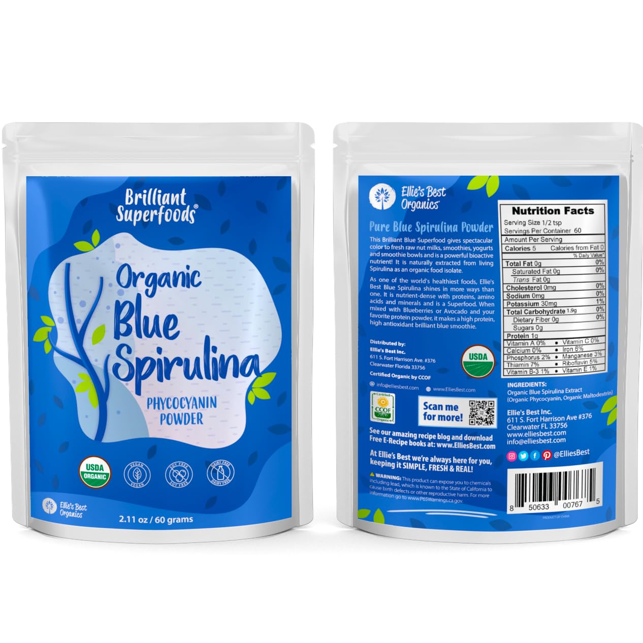 Ellie's Best poudre spiruline bleue inodore, dose précise pour recettes quotidiennes.