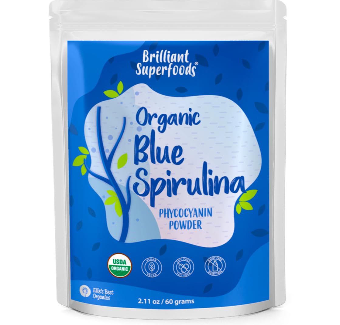 Ellie's Best poudre spiruline bleue biologique, flacon transparent montrant la couleur indigo pour smoothies.